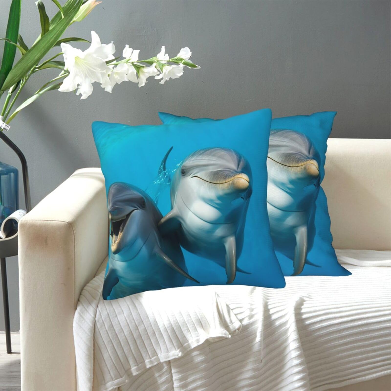 FekiLoot Decorative Throw Pillow Covers Modern Farmhouse Pillowcase Double Sided Cozy Cushion Cover for Sofa Couch Bed 18"X18" Smiling Face Dolphins