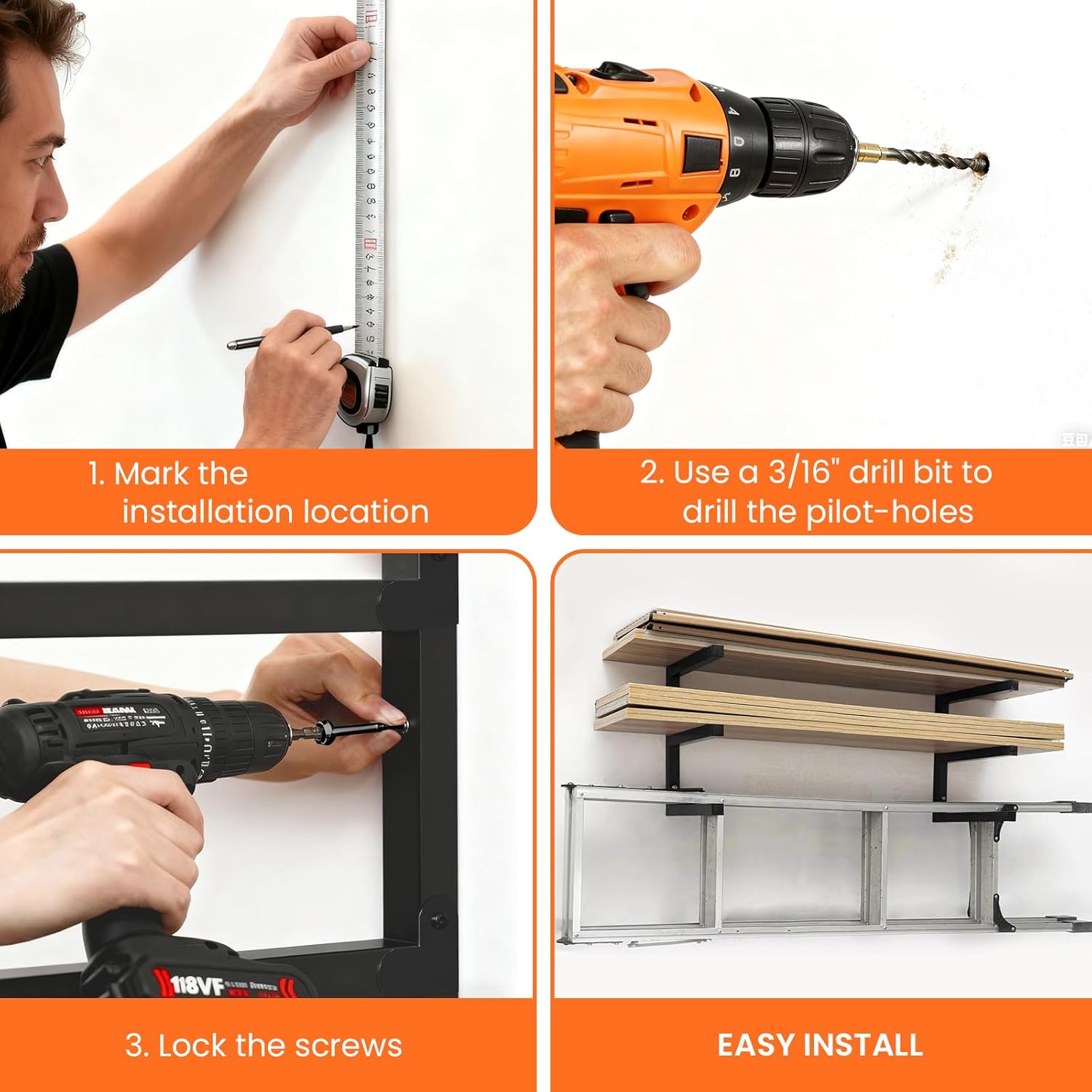 Heavy-Duty Wall Mounted Lumber Storage Rack, 3-Tier Garage & Indoor Wall Shelving Wood Organizer, 500lb Capacity (Black- 3Pack)