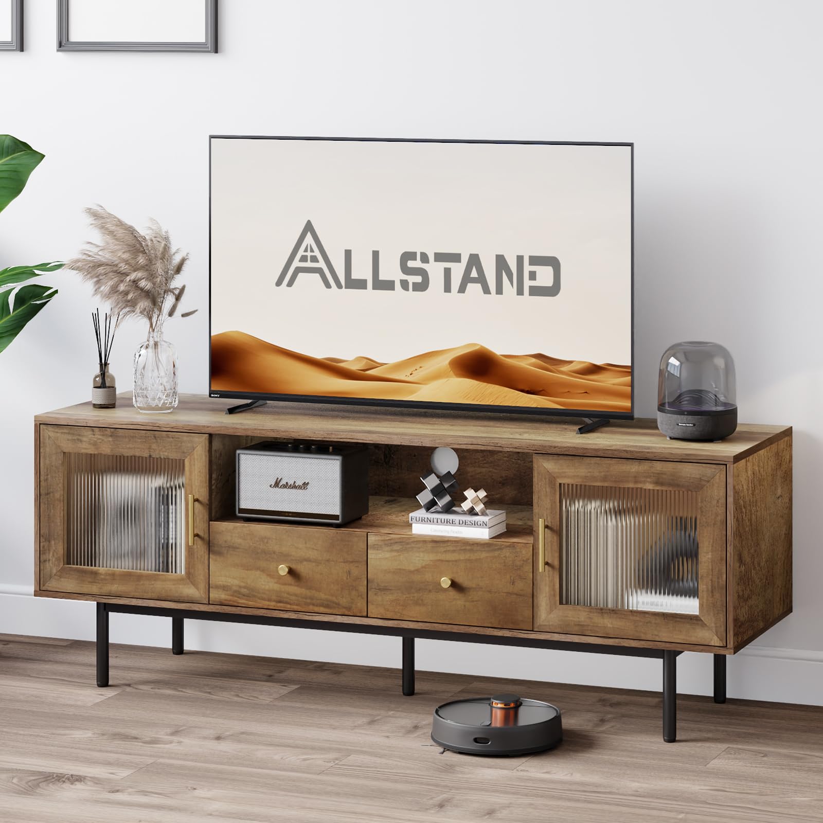 TV Stand for 65 Inch TV, Modern Entertainment Center with 2 Cabinets and 2 Drawers, Mid Century TV Stand for 55/60/65 inch TV, Media Console for Bedroom (Retro Brown)