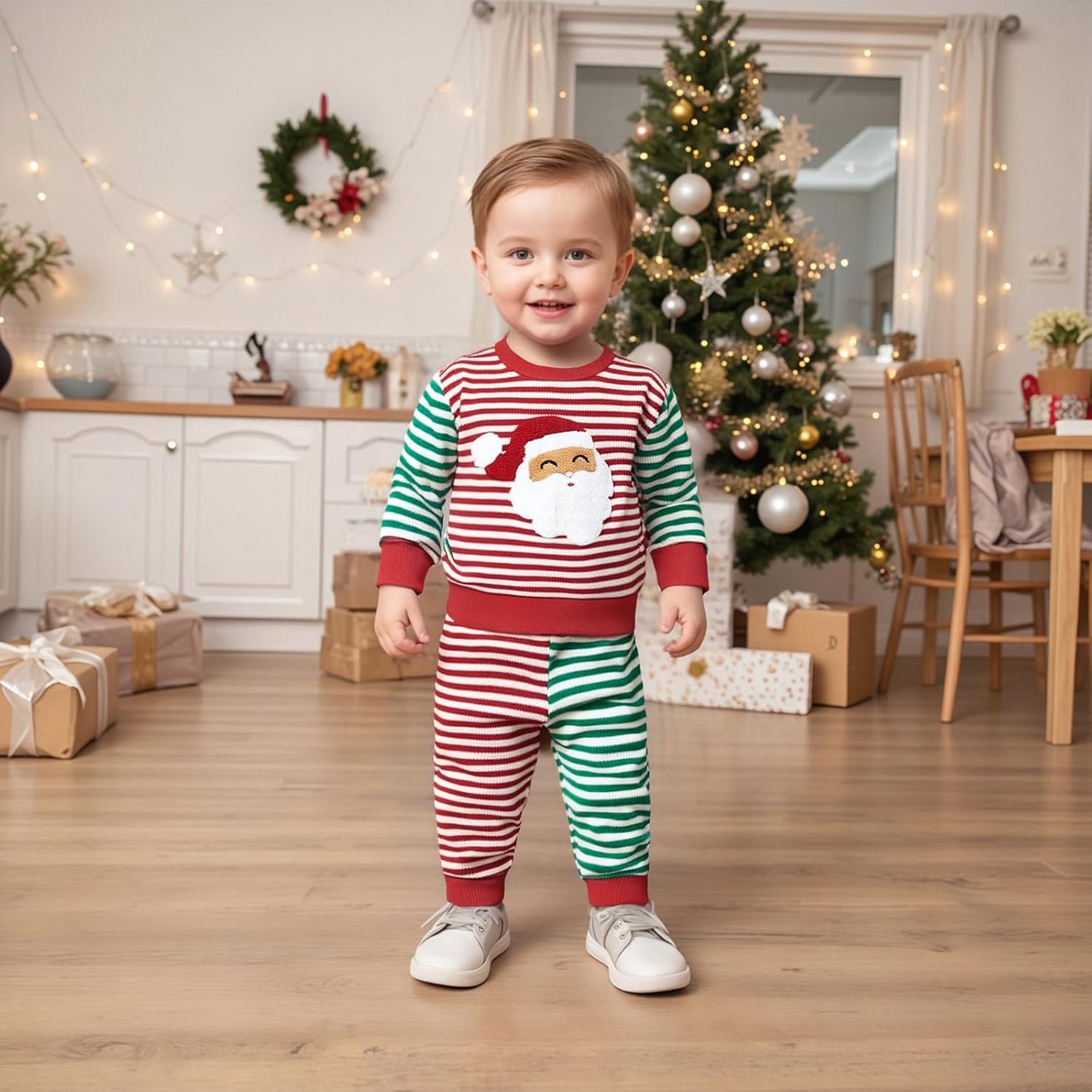 Toddler Baby Boy Girl Christmas Outfit Santa/Tree Embroidery Stripe Waffle Knit Sweatshirt Pants Set 2 Piece Clothes - Image 2