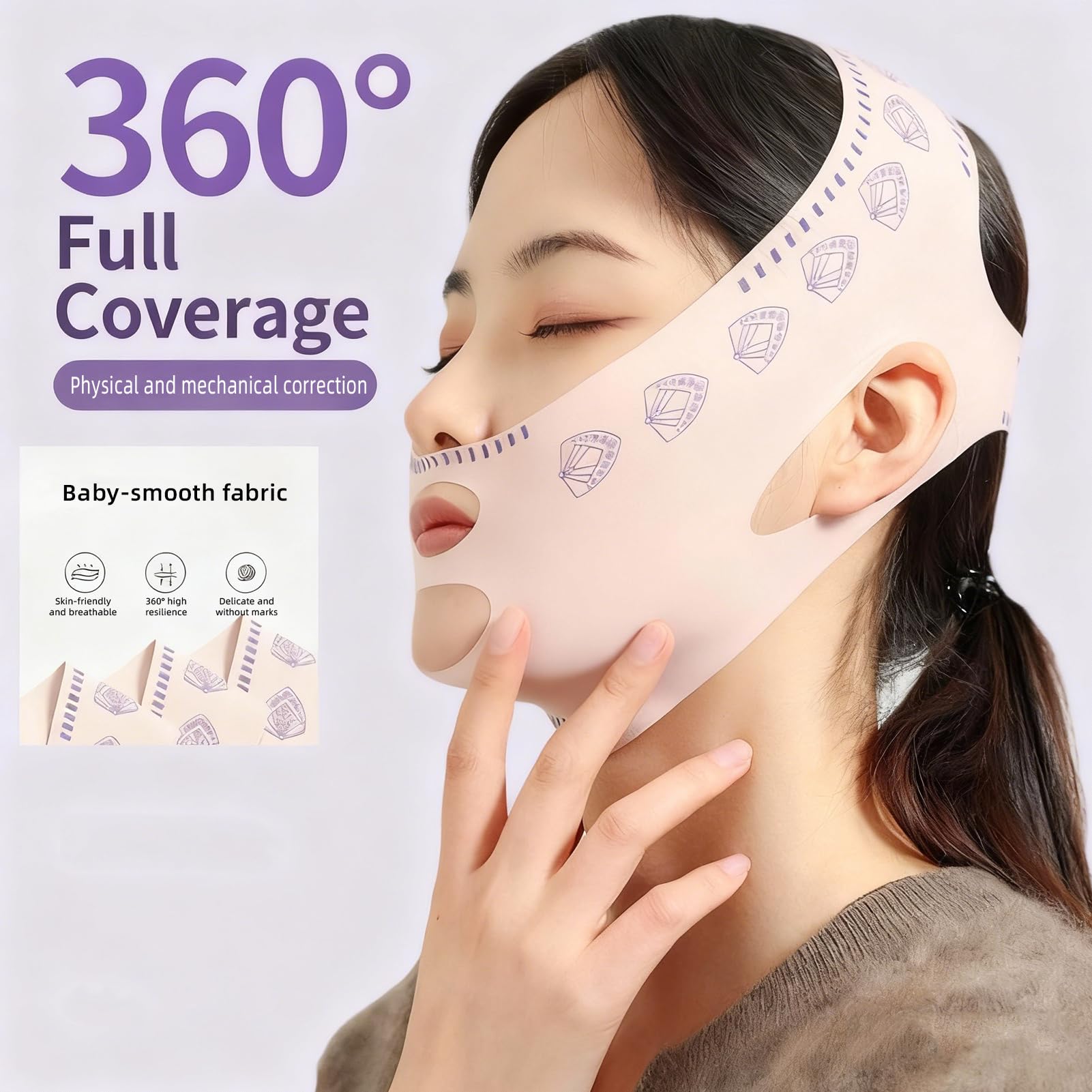 Reductor de papada mentonera V-Line lifting face mask transpirable y reutilizable, face tape ajustable definidor de mandíbula jawliner, máscara facial reafirmante mujer rosa
