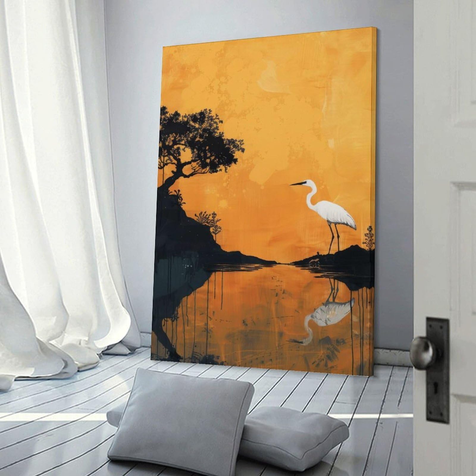 Junmoney Canvas Art Print Heron Yellow Serenity, 12x18inch(30x45cm), for Office, Study Or Home Workspace, Decorative Artwork for Productive Spaces