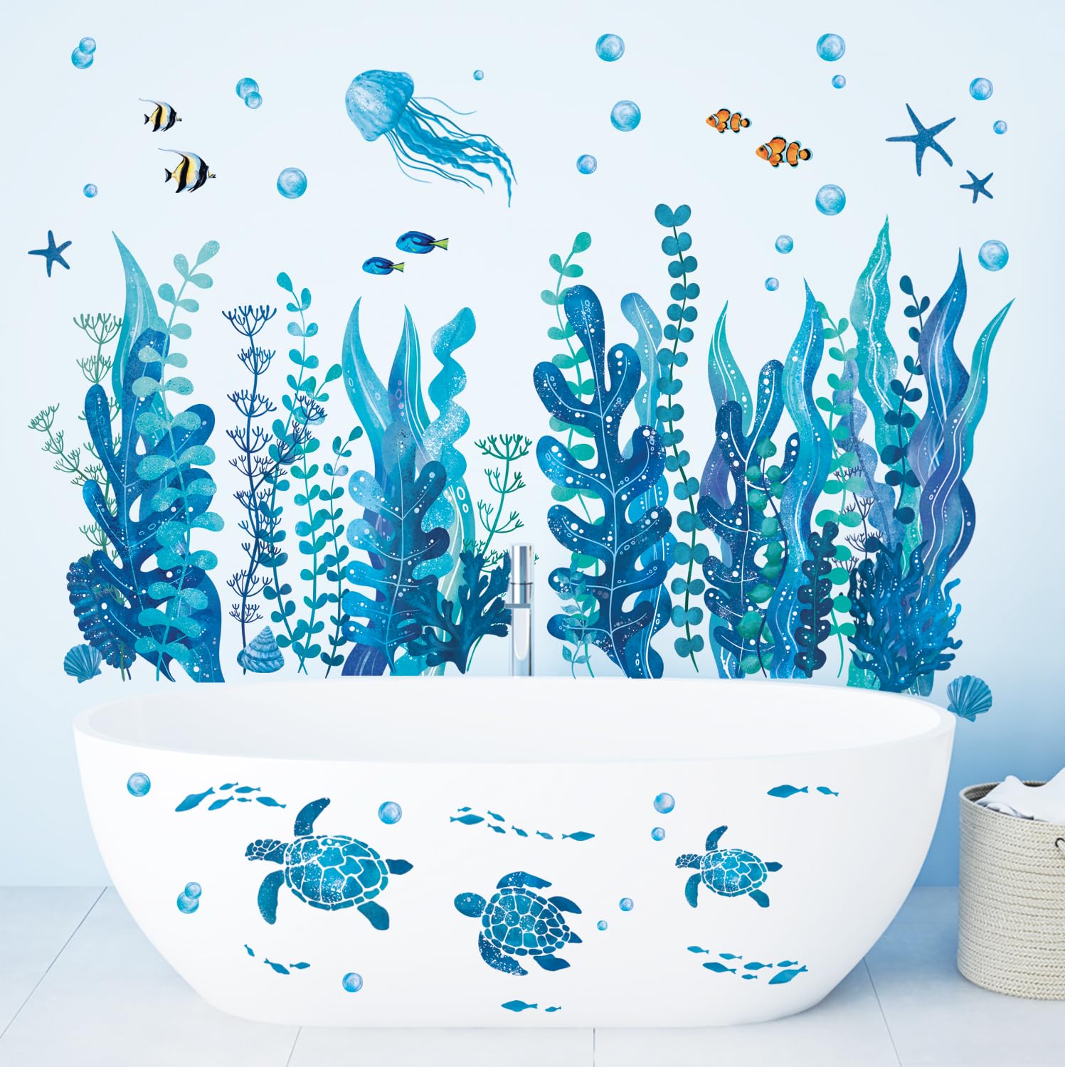 DECOWALL DS12-8084 Under The Sea Seaweed Wall Stickers Fish Turtle Ocean Grass Jellyfish Wall Decals Baby Nursery Kids Bedroom Bathroom Wall Décor - Image 2