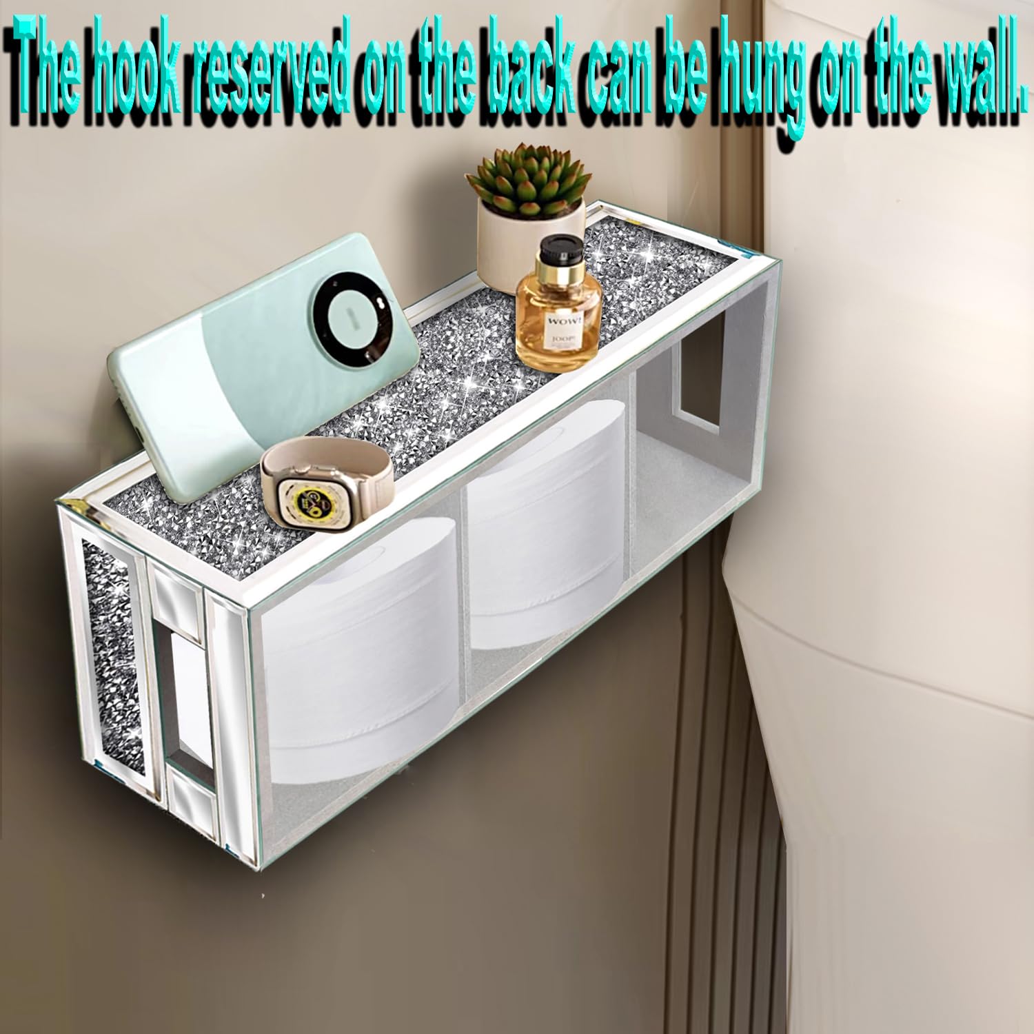 Wocred Badezimmer-Korb, WC-Tank-Upgrade, zerkleinerter Diamant, verspiegeltes Badezimmer-Tablett, Wandmontage, 3-lagige Trennwände, Aufbewahrungs-Organizer für Kommode, Schlafzimmer, Badezimmer,