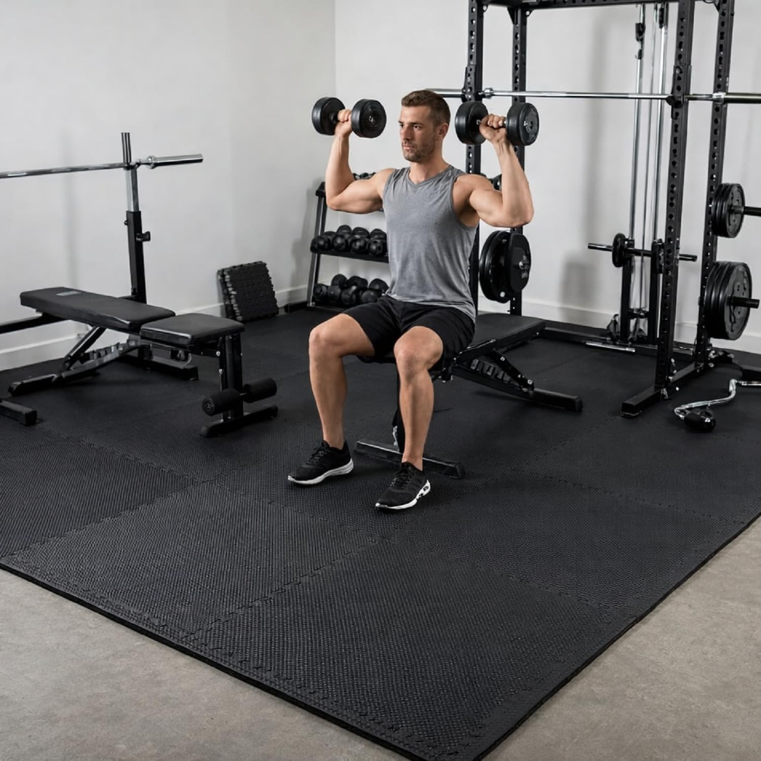 EASY HOME Interlocking Floor Gym Mats for Home and Living Room, Rubber Floor Workout Mat for Exercise, Super Absorbent EVA Foam Mat- 60x60cm - 12mm Thickness, Black (4 Tiles - 16Sqft) 1