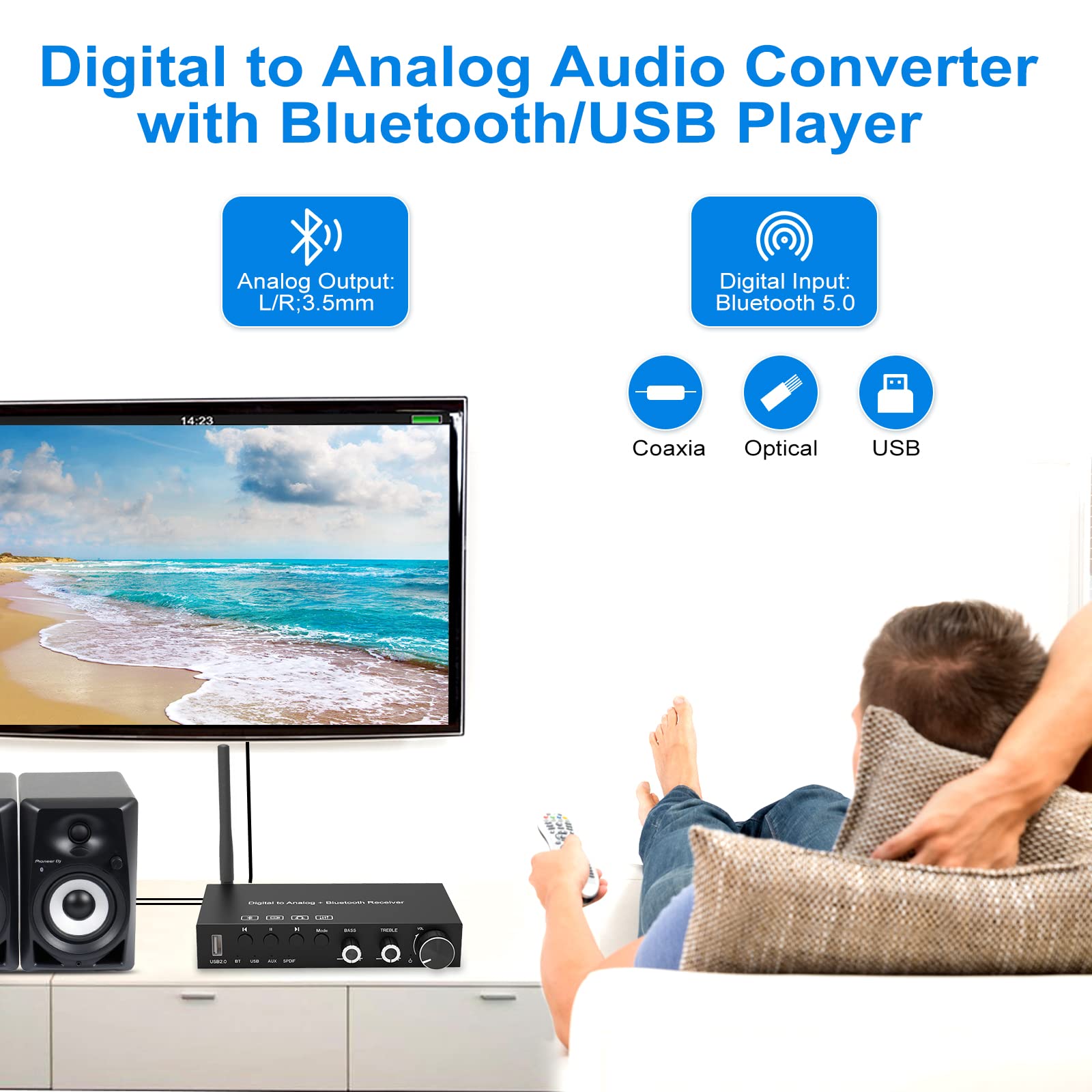 Convertidor digital a analógico USB de 192 KHz DAC con amplificador de auriculares receptor Bluetooth V5.0 integrado, volumen ajustable, SPDIF TOSLINK digital a estéreo L/R y conector de 3.5 mm