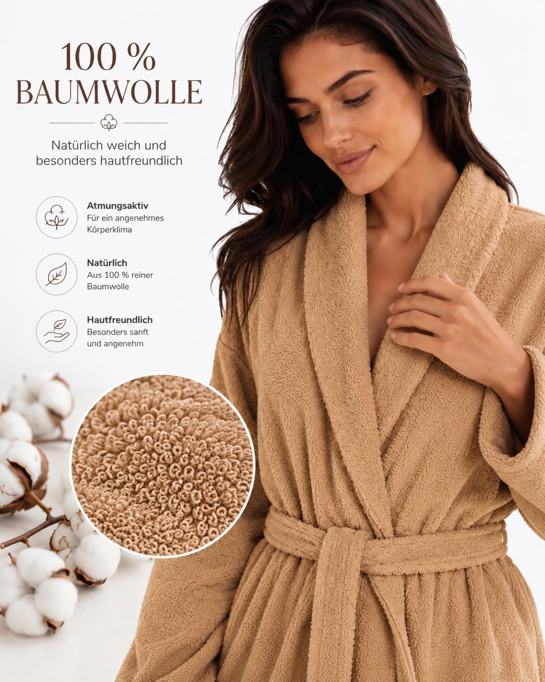 ELY PARKER Albornoz para mujer de rizo, cuello chal, algodón