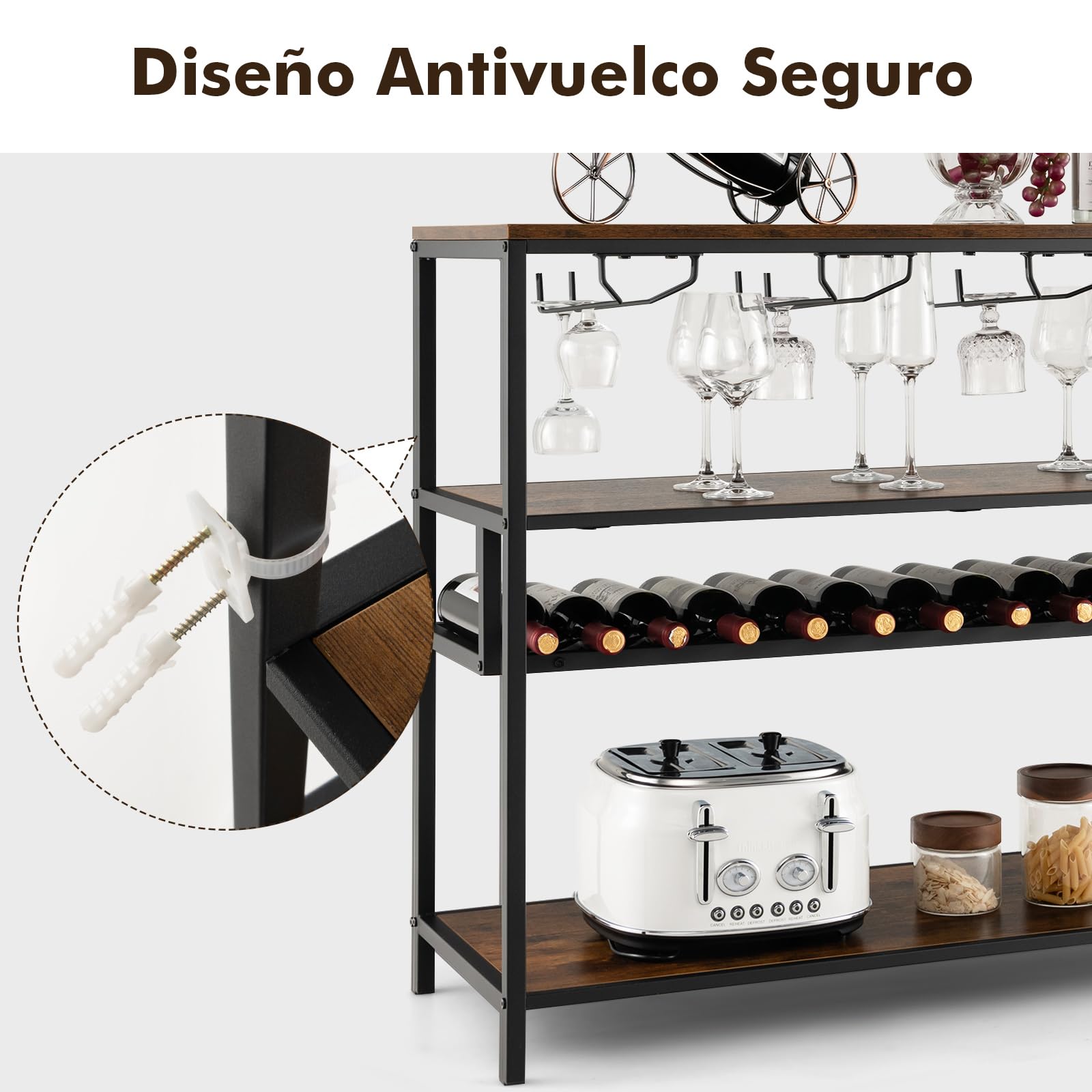 COSTWAY Estante Botellero Vino, Mueble Bar Industrial con Botellero y 4 Filas de Soportes para Vasos, Amplio Tablero y Estantes Abiertos, Armario Independiente para Vinos en Cocina, Comedor, Buffet