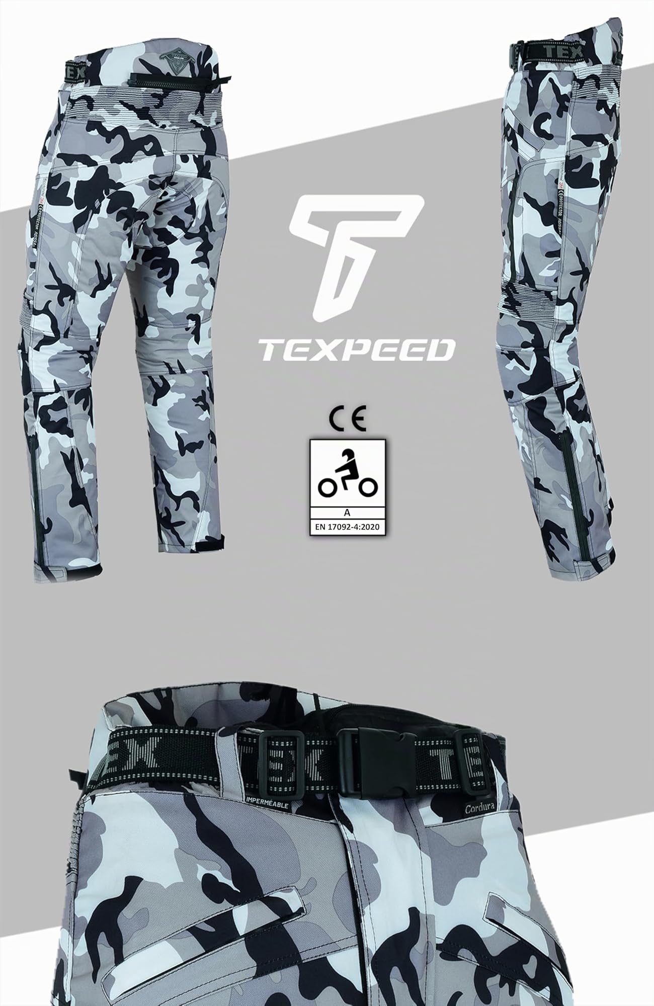 Texpeed Pantalon de moto homme renforcé - Gris Camouflage Imperméable - Avec armure CE blindé protection (EN 1621-1) - L Taille/Jambe Longue