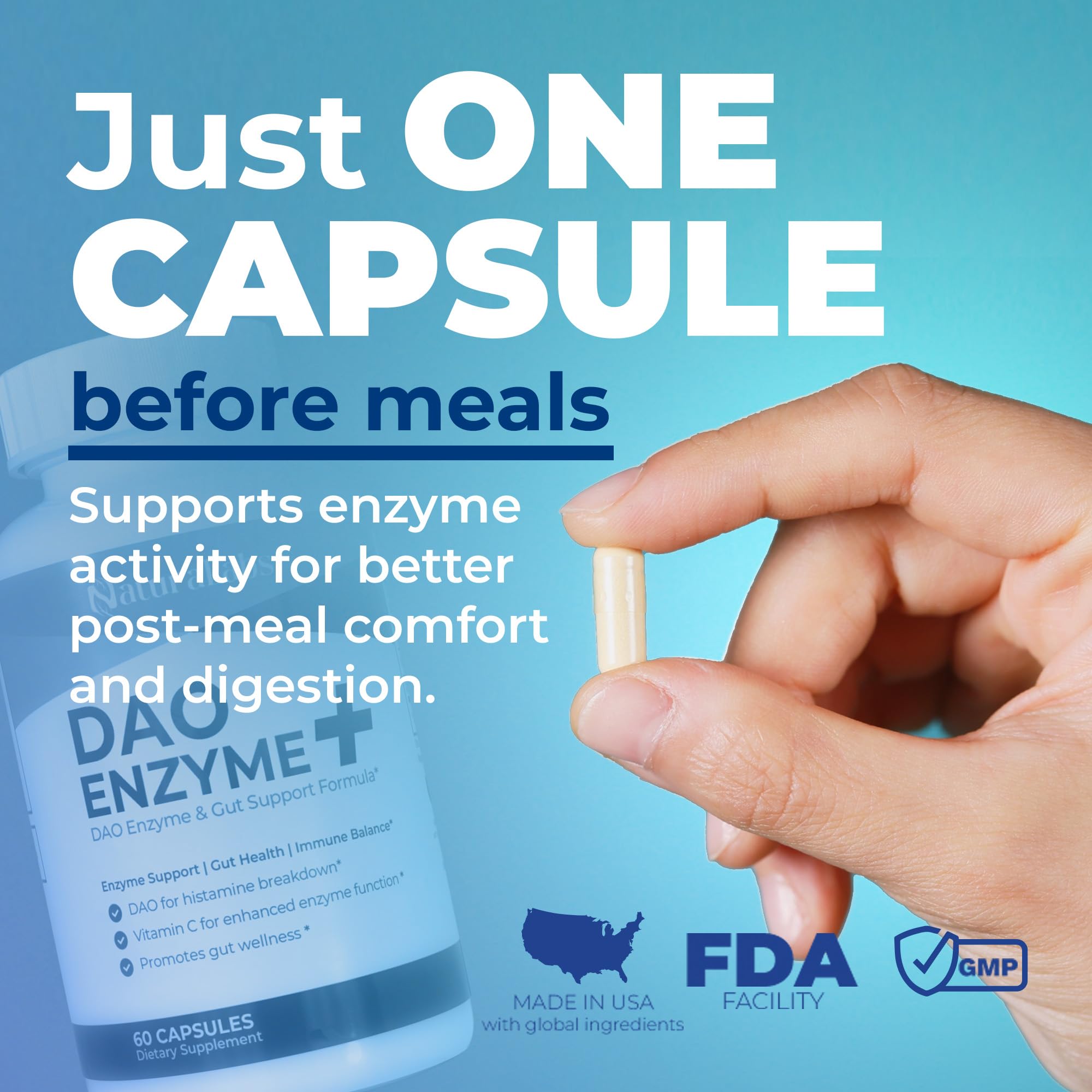 DAO Supplements Histamine Blocker – DAO Enzyme + Diamine Oxidase & Vitamin C for Gut Health & Food Support – 60 Servings - 1 Capsule Before Meals for Histamine Intolerance