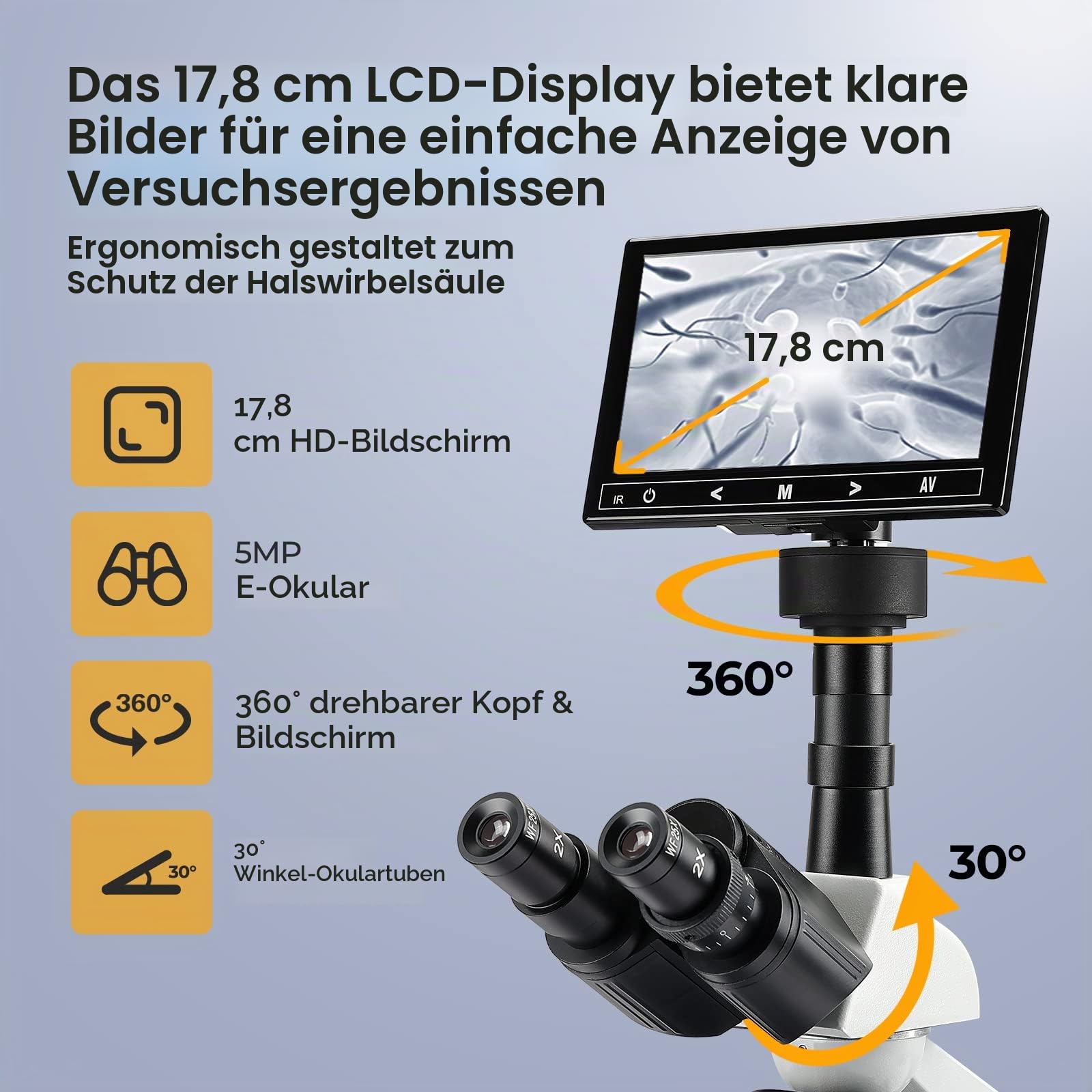 Laborkomplexes Trinokulares Mikroskop mit 40X-2500X Vergrößerung und 5MP 7-Zoll LCD-Bildschirm, zweischichtiger mechanischer Bühne für Tierhaltung, Tierkliniken, Labor