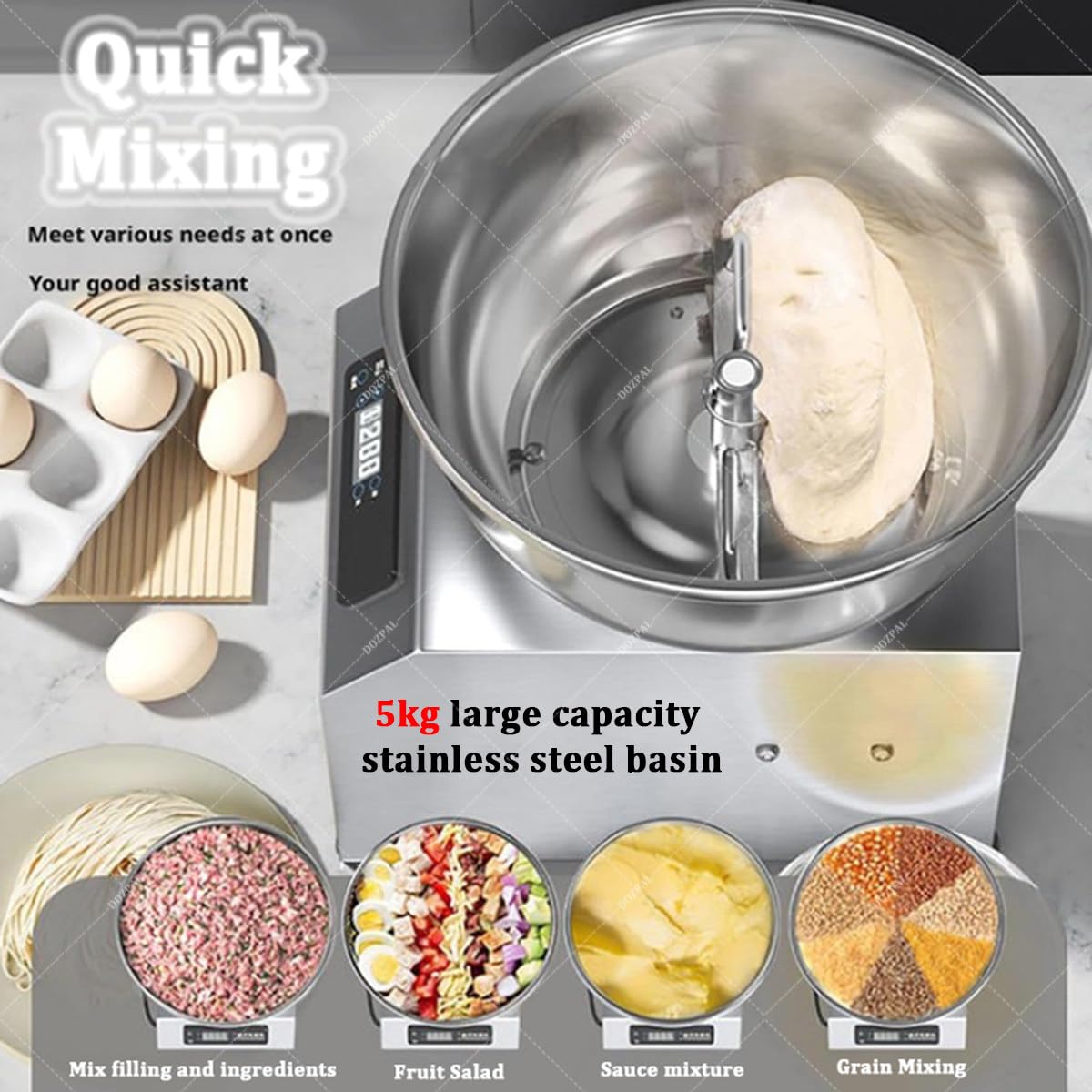 Amasadora de 5 kg/8 kg - Amasadora Espiral Profesional, amasadora automática, batidora de pie para pizzerías y panaderías, Temporizador de 30 Minutos y rotación hacia adelante/atrás 5kg