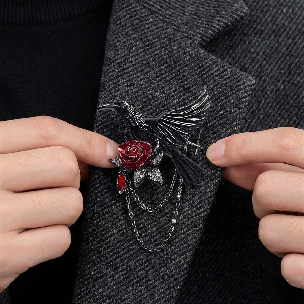 Vintage Black Crow Rose Tassel Chain Pin Brooch for Men & Women - Punk, Gothic Suit Tie Lapel Pin Clip - Perfect Boyfriend Gifts - Image 5