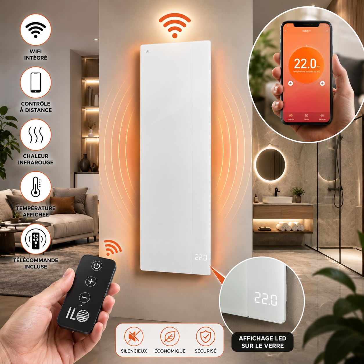 ILO - Radiateur Électrique Mural - Rayonnant - Design - +38 Décors - Extra Plat - Wi-Fi Connecté - 500W - Pour pièce de 10m² - Orientation Vert.+Horiz. - Éco, Silencieux -  Mademoiselle