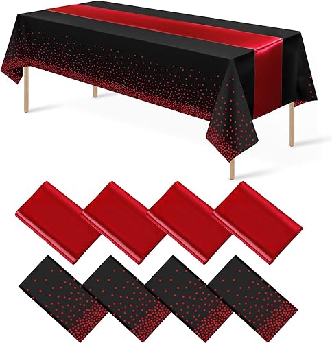 Miniatura 30 de 8 paquetes de manteles desechables de plástico para fiestas y juego de mantel de satén rojo y dorado con puntos, mantel de satén dorado para boda,