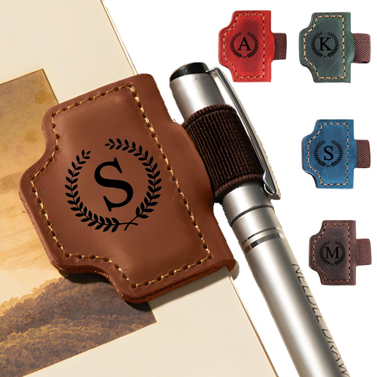 MOTEERLLU Bygone Mark Personalized Magnetic Leather Pen Holder Bookmark, Custom Bookmarks with Initial for Reading Women, Men, Teachers, Book Lovers
