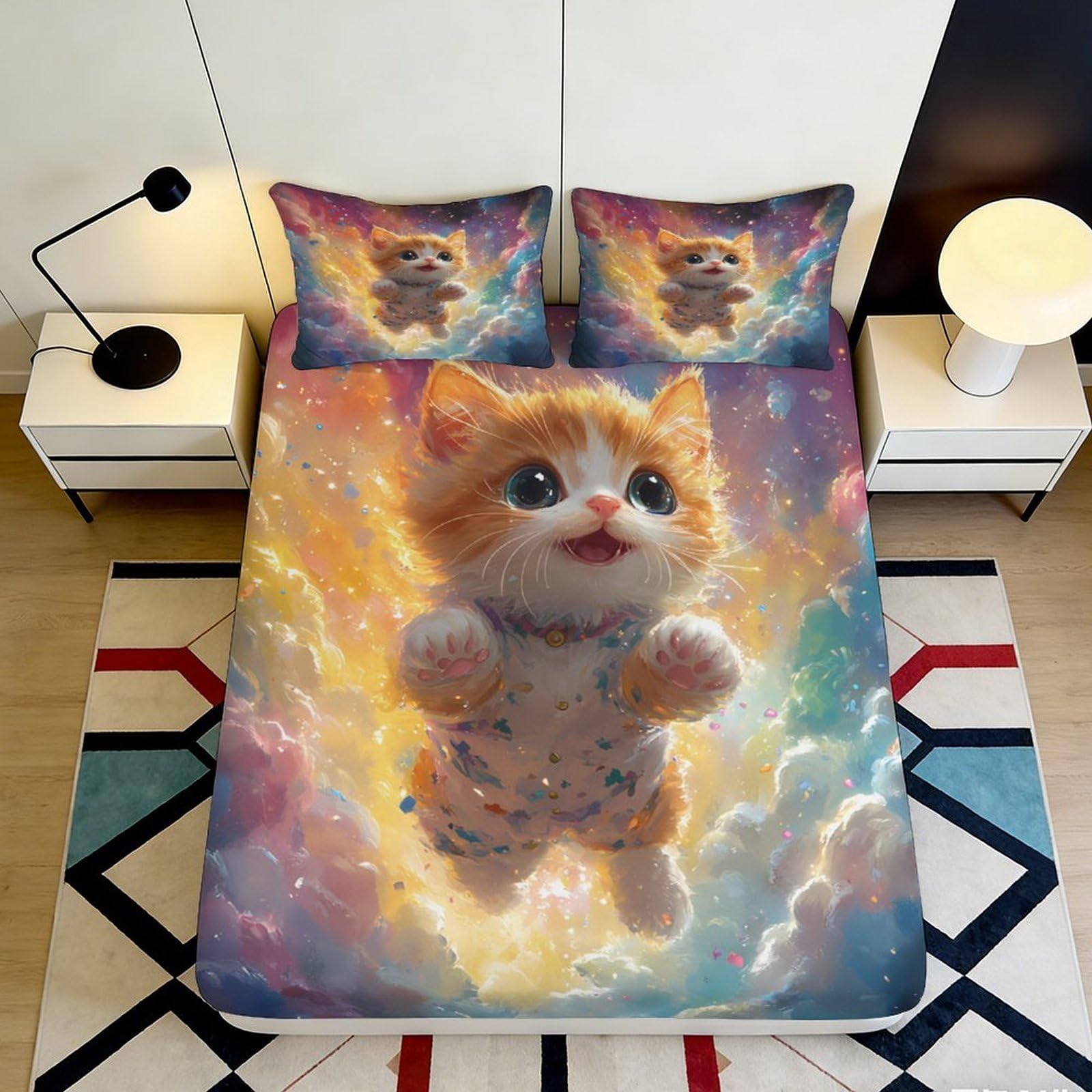 3D Printed Space Cat Fitted Sheet Microfiber Deep Pocket Bedroom Bedding Set Space Cat Mattress Fitted Cover Non-Slip Washable 200x200x25cm