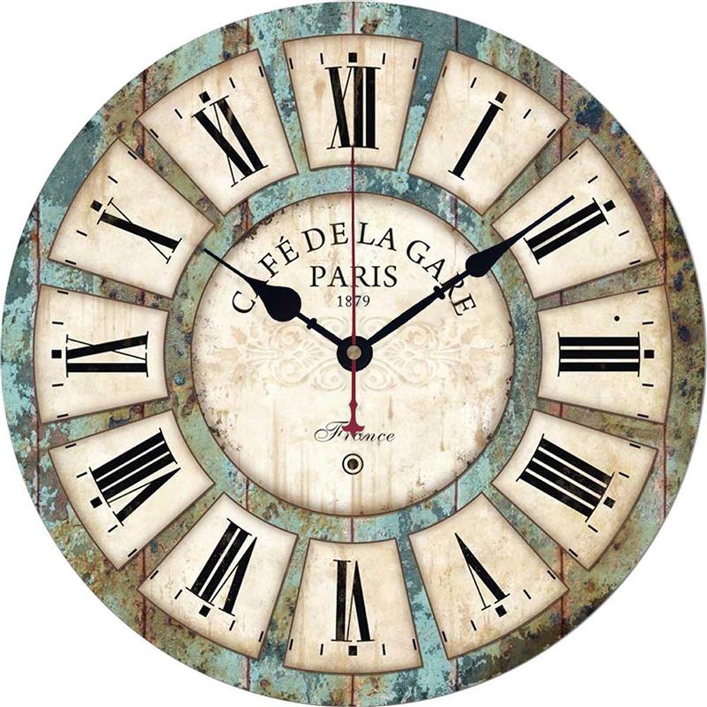 Qukueoy 12 Inch Silent Round Wooden Wall Clock Rustic Country Style, Battery Operated, Vintage Farmhouse Wall Decor for Living Room, Kitchen, Bedroom, Office