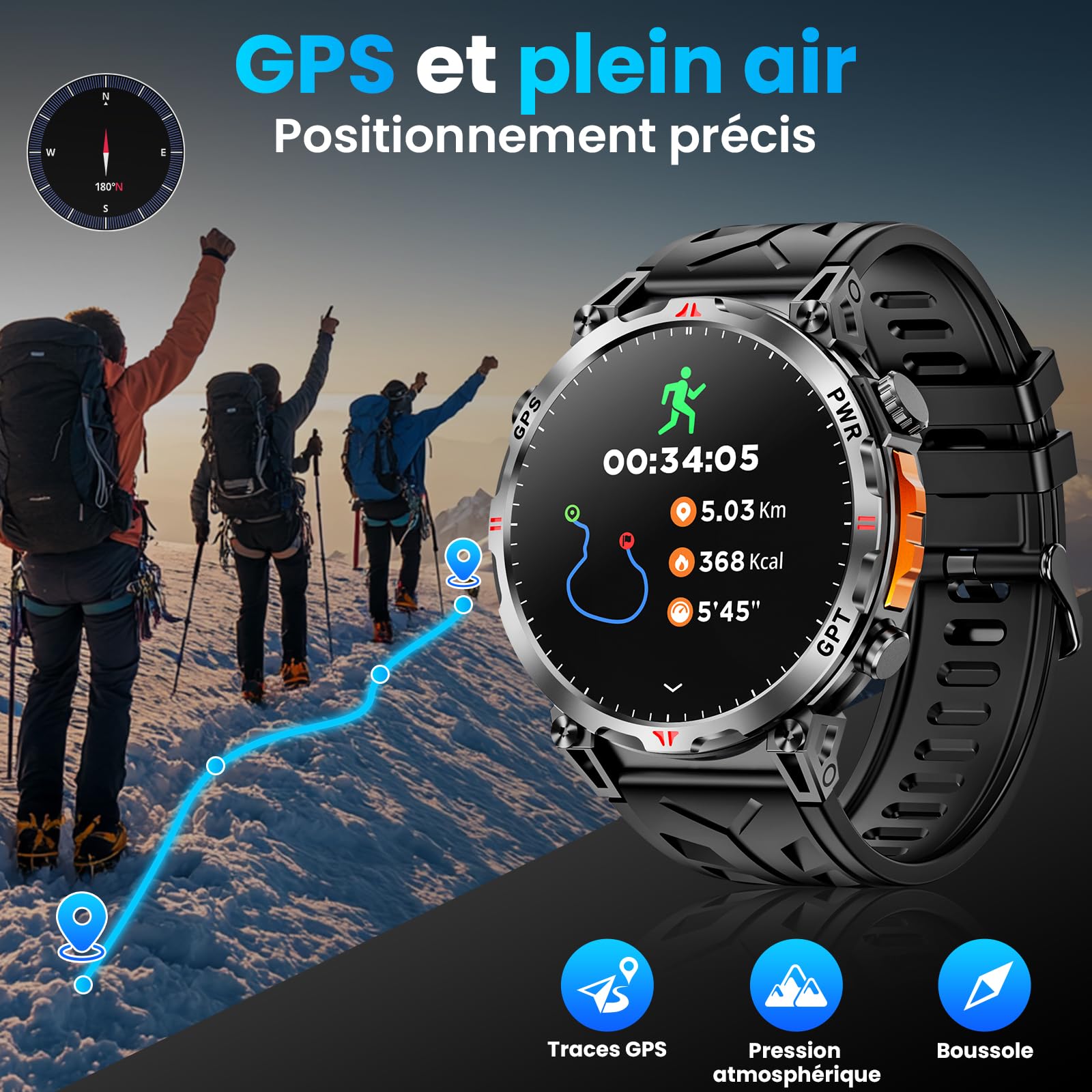 Montre Connectée Homme Militaire 1,56", avec GPS / AI Cadran / Vocal GPT | Boussole/Appel Bluetooth/Détection Pression de Fréquence Cardiaque, Compatible avec Android et iOS, 100 + Modes Sportifs GPS