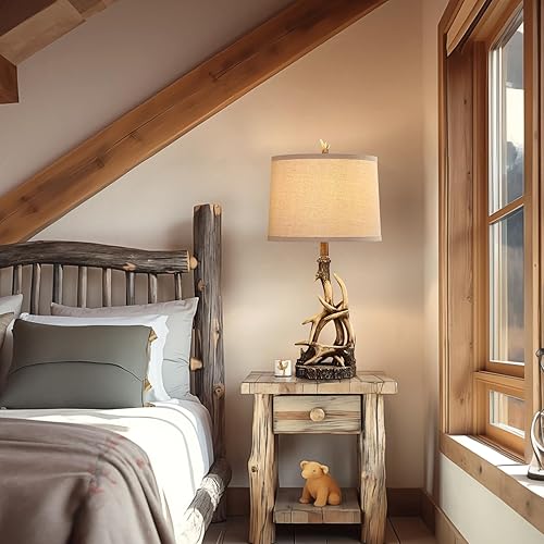 Miniatura 6 de Lámpara de mesa rústica de 27.25 pulgadas de alto, lámparas de cornamenta de ciervo para sala de estar, mesa auxiliar con puerto USB, lámparas de