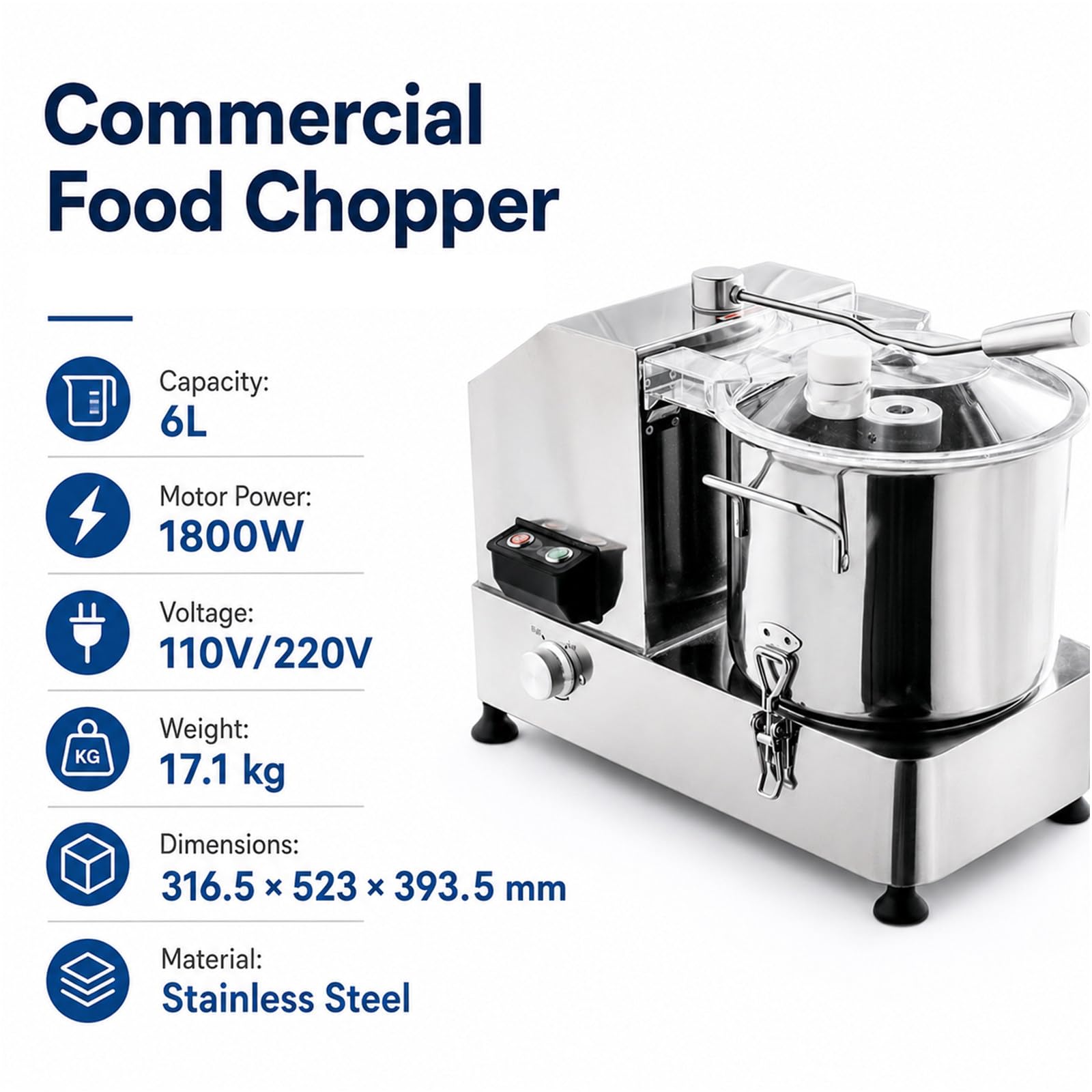 Rallador De Verduras Comercial y picadora de Alimentos, 2000W, procesador Todo en uno, Bowl extraíble Preparar Salsas, Carnes y Vegetales en Volumen 6L