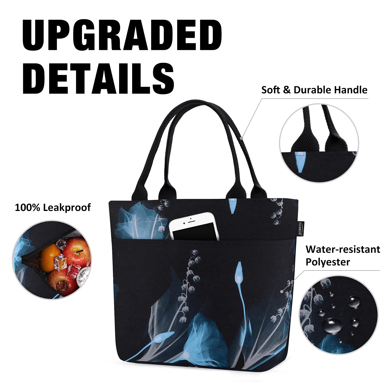Borsa Termica Pranzo Aosbos 10L, Espandibile, Tracolla Regolabile, Colore Nero