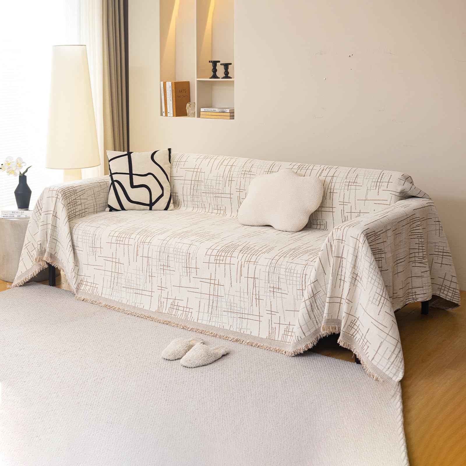 Copridivano Reversibile in Ciniglia, Copridivano 3 Posti, Telo Copridivano Morbida e Accogliente, Copridivano Antigraffio Gatto,Copriletto Leggero Multiuso 180 * 230cm-Cachi