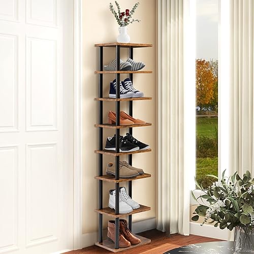 Miniatura 6 de Zapatero de esquina para entrada, estante estrecho de madera negra, pequeño y alto, de pie, se monta fácilmente