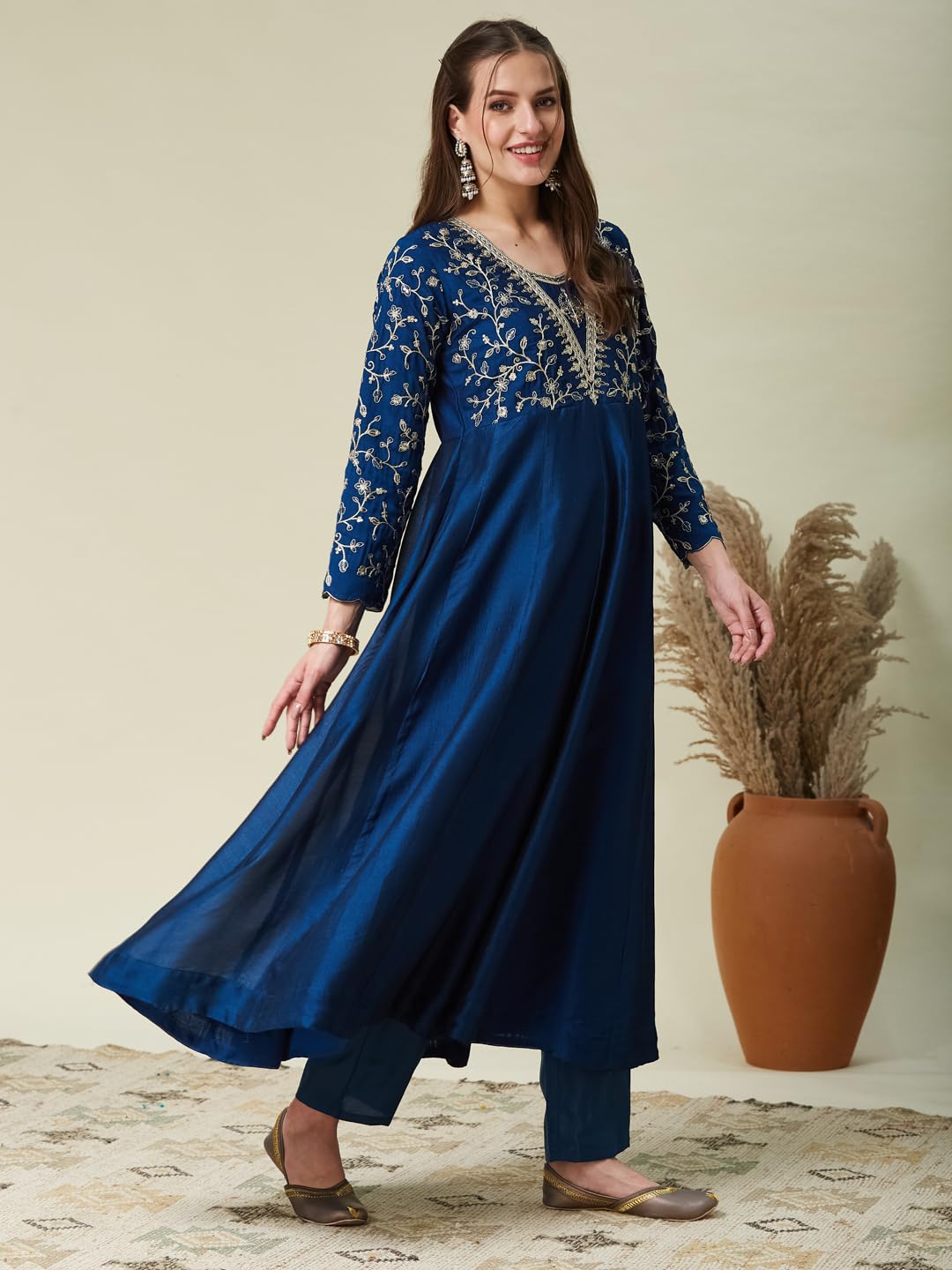 MOKOSH Women's Embroidered Teal Blue Anarkali and Pant with Dupatta Set-471-01-M - Image 4 thumbnail