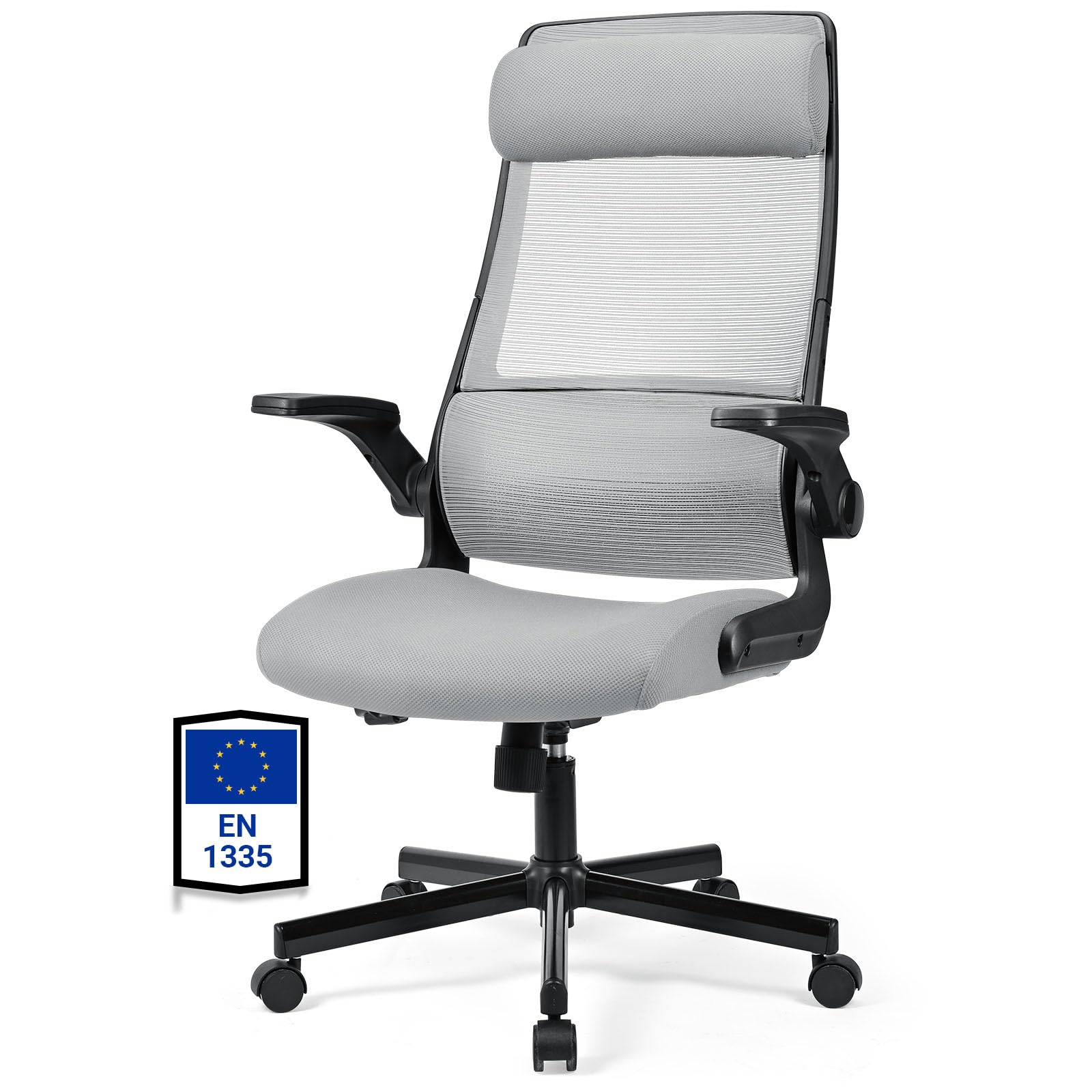 MELOKEA Silla de Oficina Ergonómica, Silla de Escritorio 200 KG con Reposacabezas Ajustable, Reposabrazos Abatibles, Soporte Lumbar Ergonómico, Malla Transpirable, Certificada EN 1335, Gris y Negro