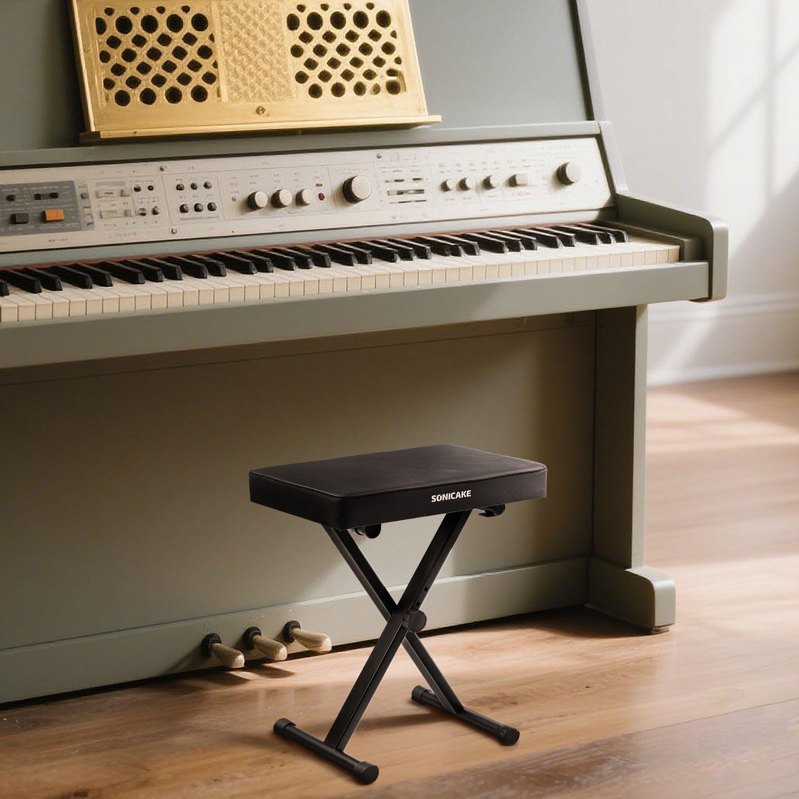 SONICAKE Panchina per Pianoforte Regolabile, Sgabello per Tastiera con Imbottitura Spessa 6 cm, Pieghevole e Portatile per Piano, Organo, Sintetizzatore Nero