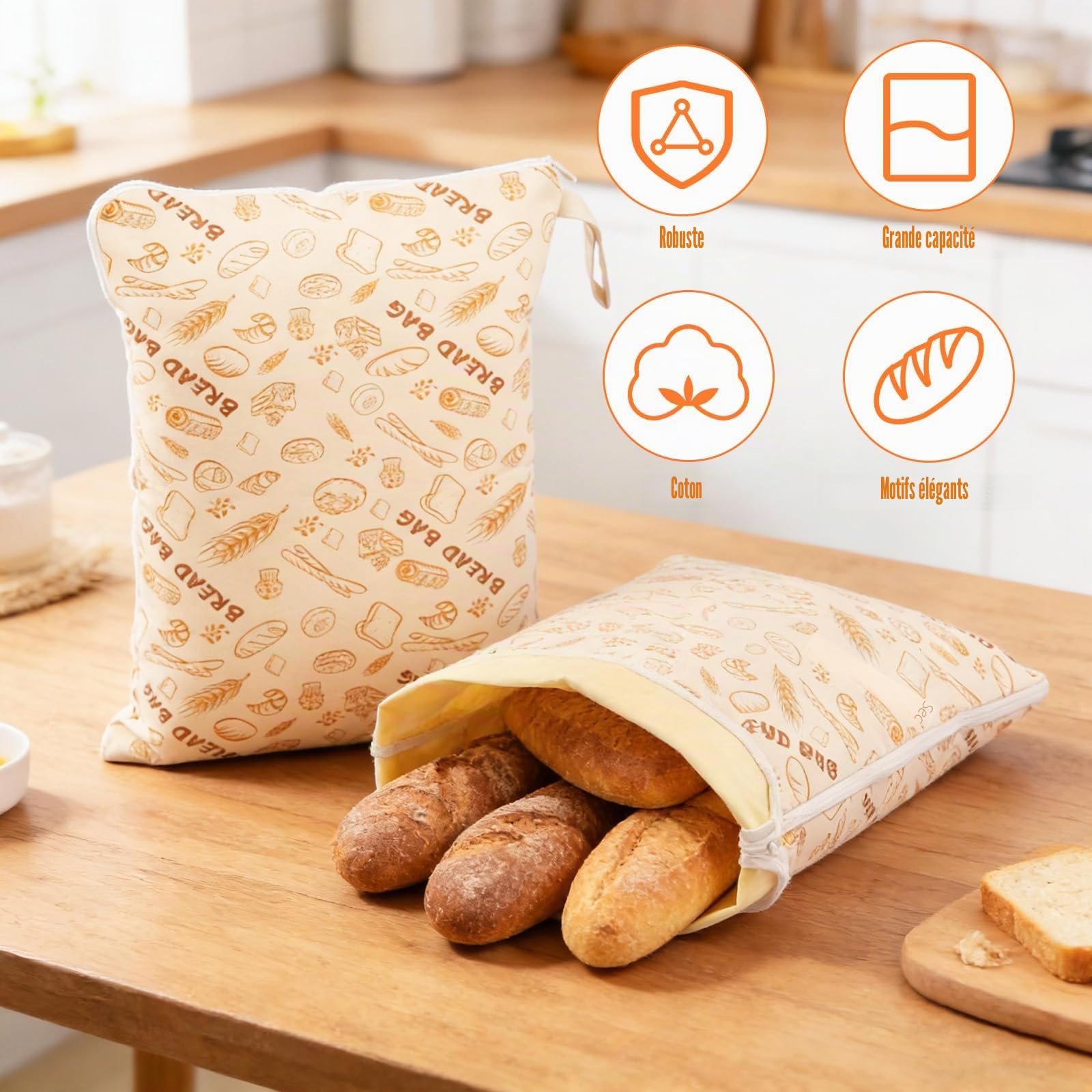 2 pièces de sacs à pain en cire d'abeille 43 cm × 33 cm, sac à pain réutilisable pour conserver au frais avec fermeture éclair en L et poignée, sac à pain pour conserver au frais, sacs en cire