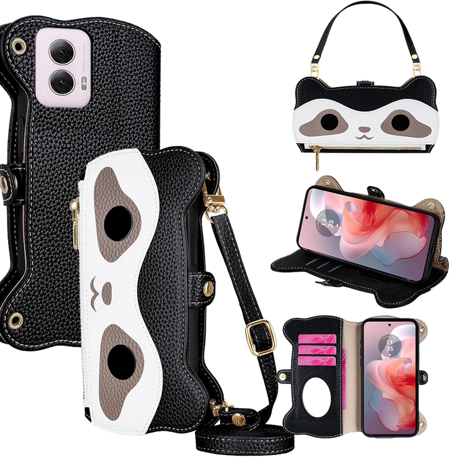 Raccoon Wallet Case for Motorola Moto G Power 5G (2024), Cute Crossbody PU Leather Flip Cover for Women with Card Slots, Zipper Purse, Mirror, Strap & Kickstand – Black