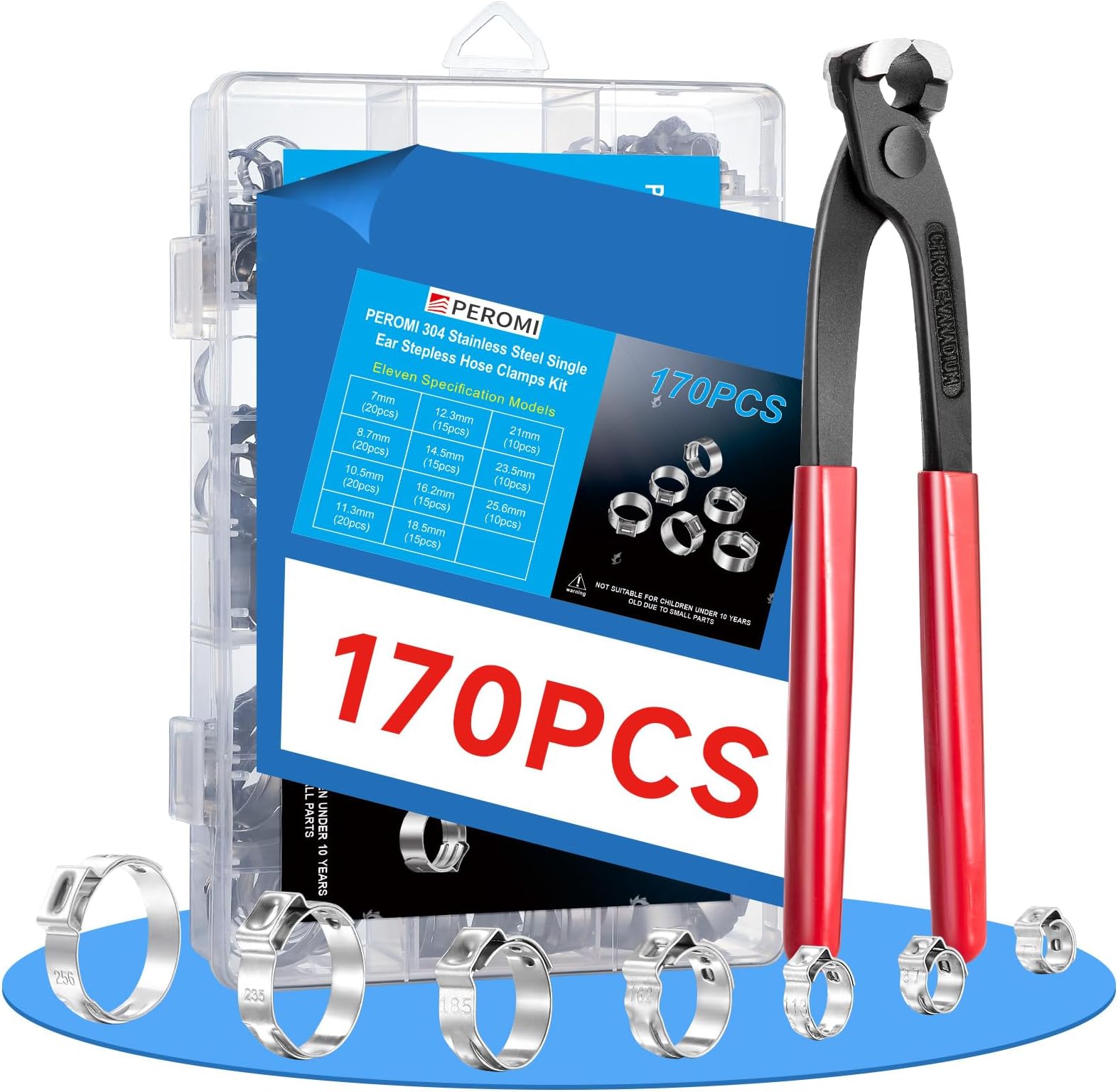 170 Pcs Single Ear Hose Clamps Kit, 11 Sizes 1/4"-1" (6mm-25.6mm), 304 Stainless Steel Crimp Hose Clamps with Pliers – Fuel Line Clamps for Automotive, Plumbing, Garden Hose