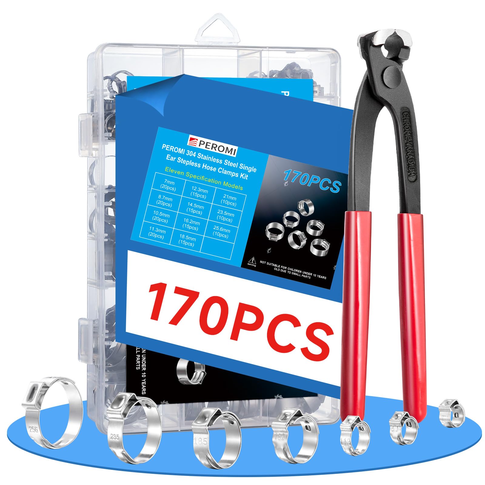 170 Pcs 304 Stainless Steel Single Ear Hose Clamp with Ear Clamp Pincer, 11 Sizes 1/4-1 Inch Constant Crimp Stepless Cinch Rings Crimp Assortment Kit for Water Pipe By PEROMI