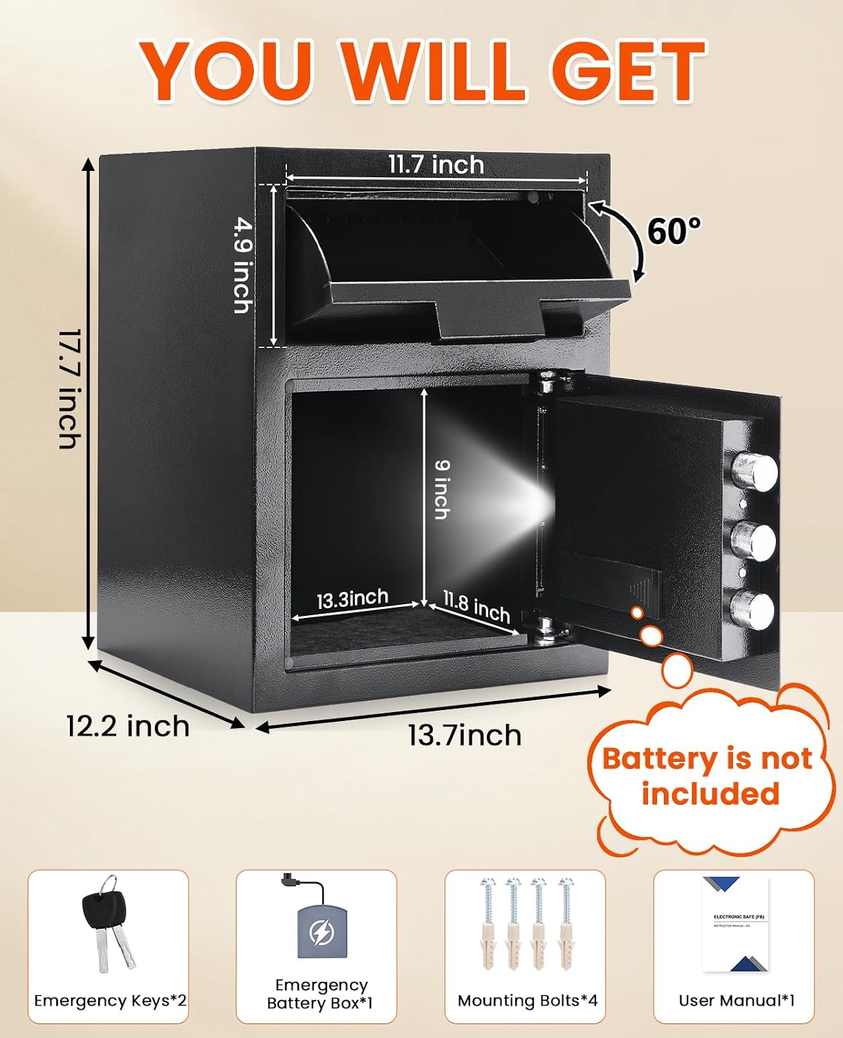 Biometric Drop Safe for Business | Cash Drop Safe with Digital Combination Lock for Money, Mail, Checks, Documents