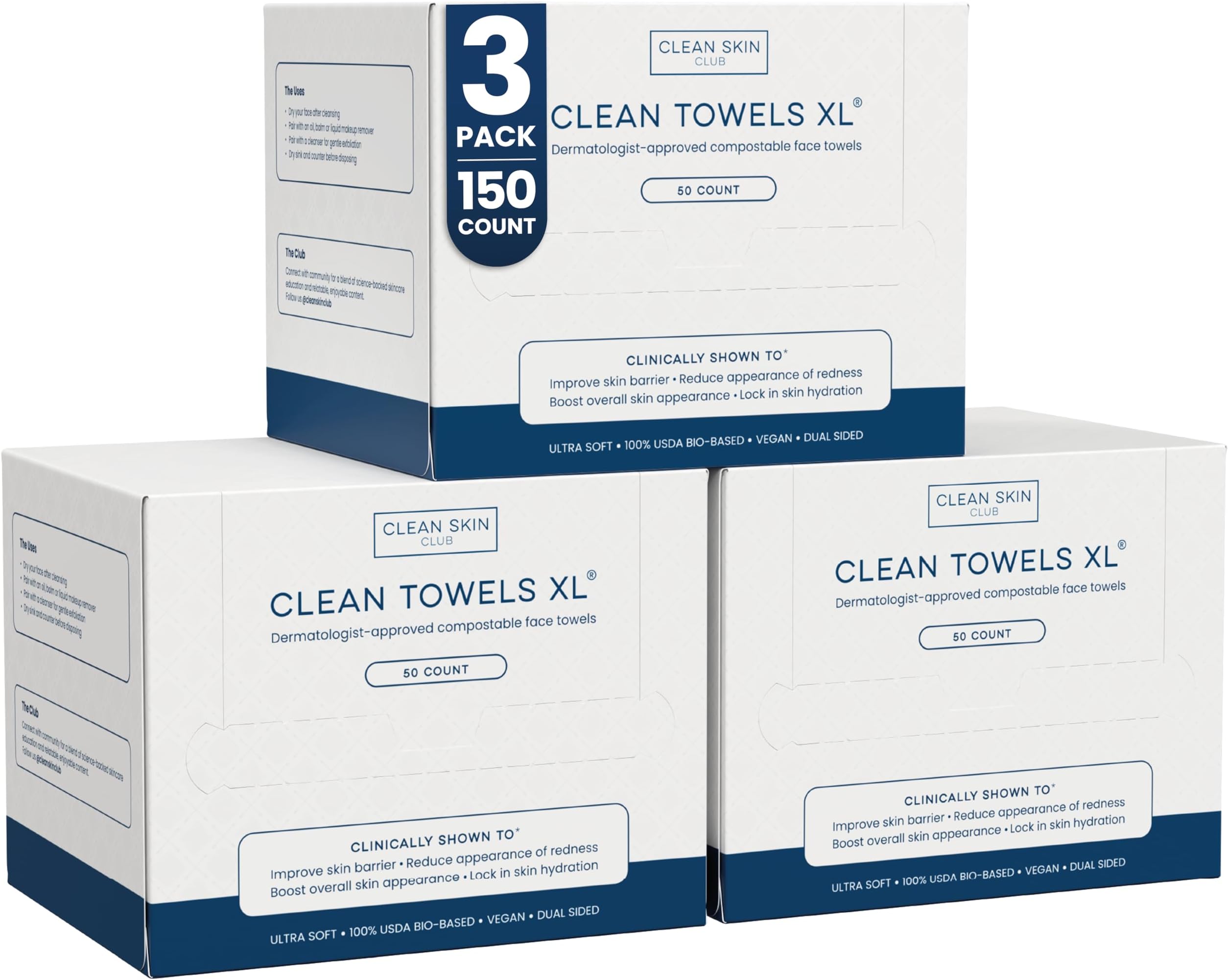 Clean Skin Club Clean Towels XL®, 100% USDA Biobased Face Towel, Disposable Face Towelette, Eczema Association Accepted, Makeup Remover Dry Wipes, Ultra Soft, 50 ct per pack, 3 Packs, 150 Ct Total