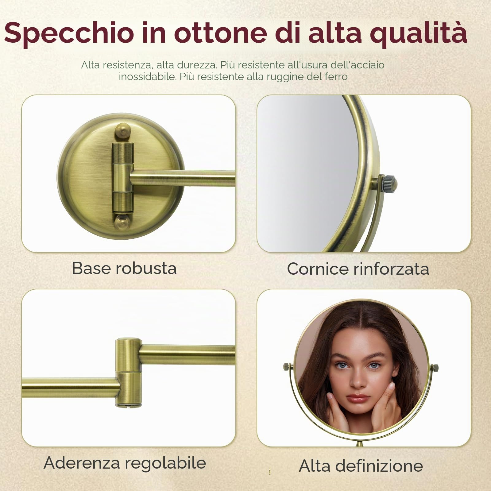 Nicesail Specchio Ingranditore da Parete 10x,Specchio Estensibile da Bagno Oro Bronzo,Specchio Bifacciale con Braccio Flessibile,Specchio per Barba Uomo,Diametro 20 cm