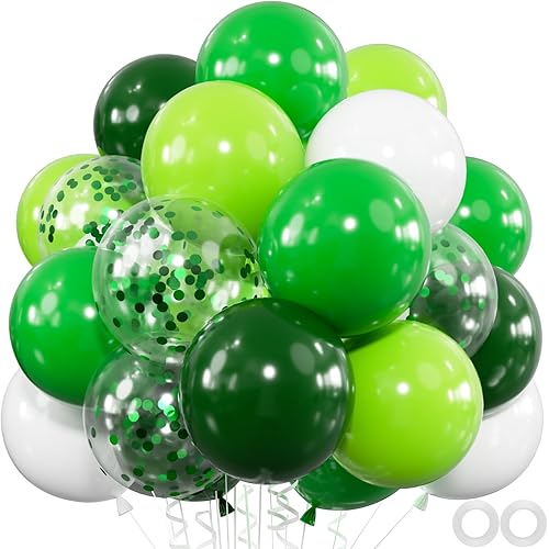 60pcs Green Balloons, 12" Metallic Dark Emerald Lime Green and White Confetti Balloon for Jungle Birthday, Baby Shower, Summer Holiday, Christmas Party Decoration
