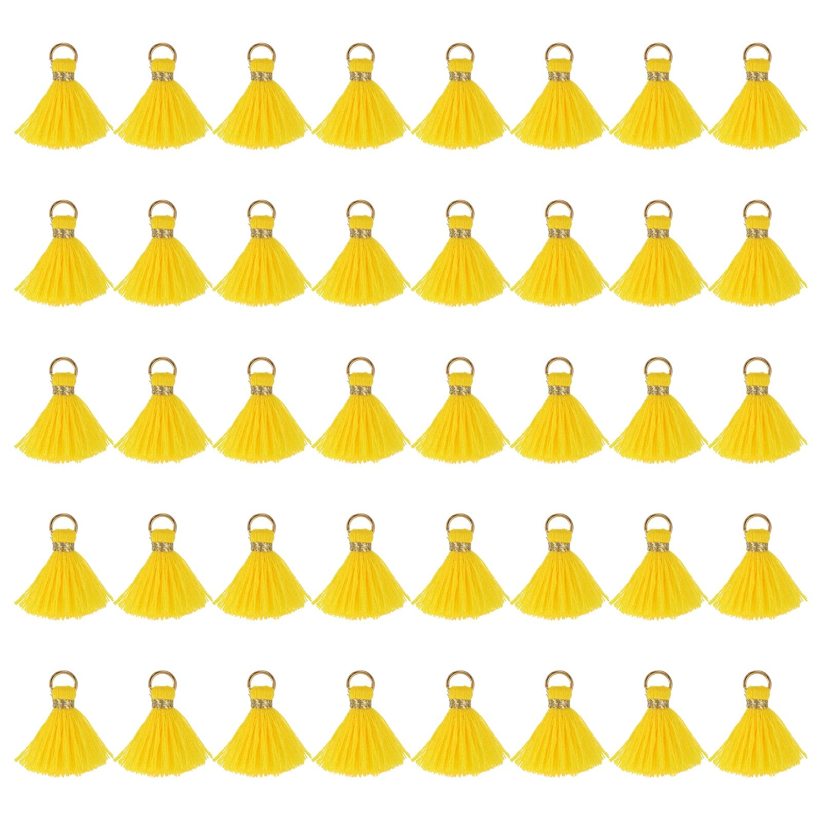 sourcing map 50 Pcs Mini Tassels, 1 Inch Length Cotton Thread Tassels Crafting Tassels with Gold Jump Ring Fringe Ribbon Charms Pendant for DIY Keychain Crafts Decorations, Yellow