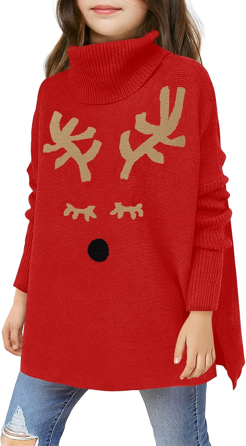 Haloumoning Girls Christmas Sweater Kids Oversized Turtleneck Cute Reindeer Sweaters with Side Slit