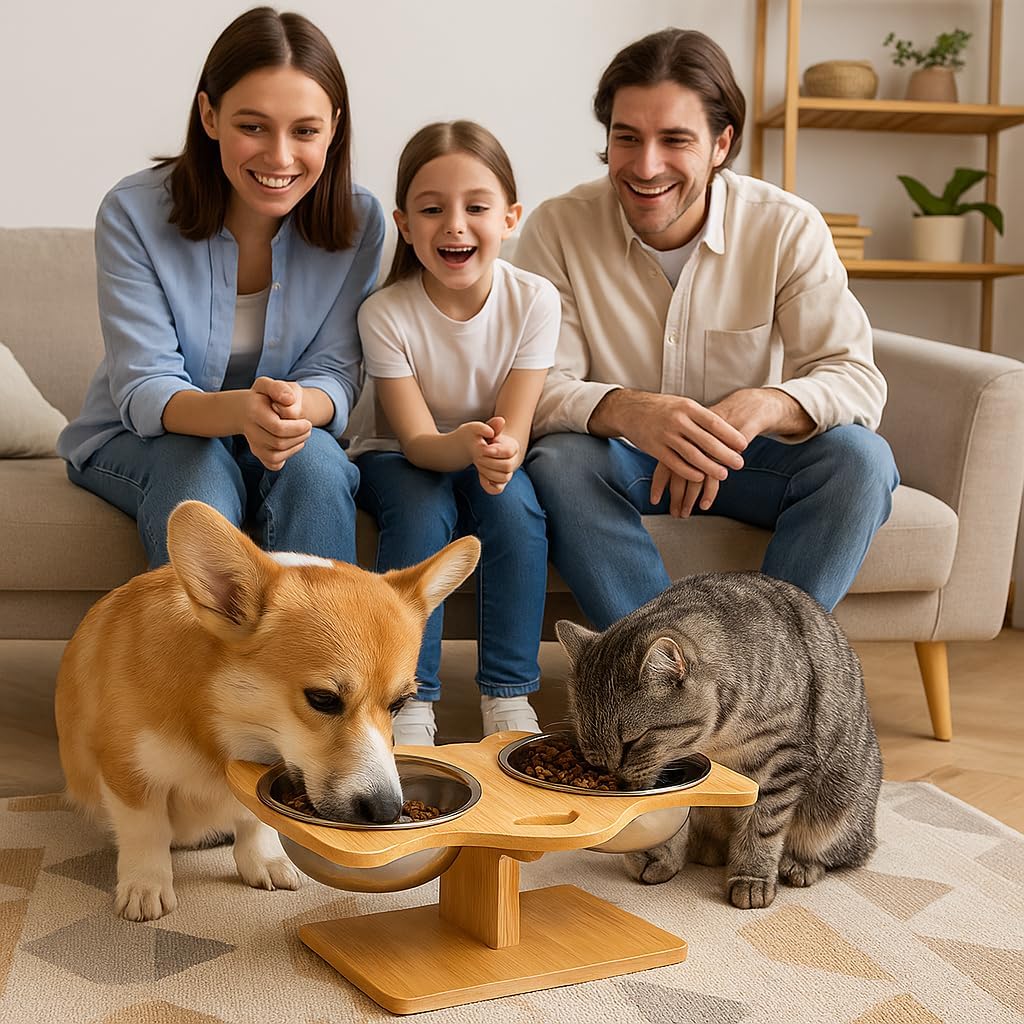 Elevated Cat and Dog Bowl Set – Dual Stainless Steel Bowls with Bamboo Animal-Shaped Stand, Raised Pet Feeder for Medium Dog Small Puppy and Cats to Reduce Neck Strain & Improve Digestion