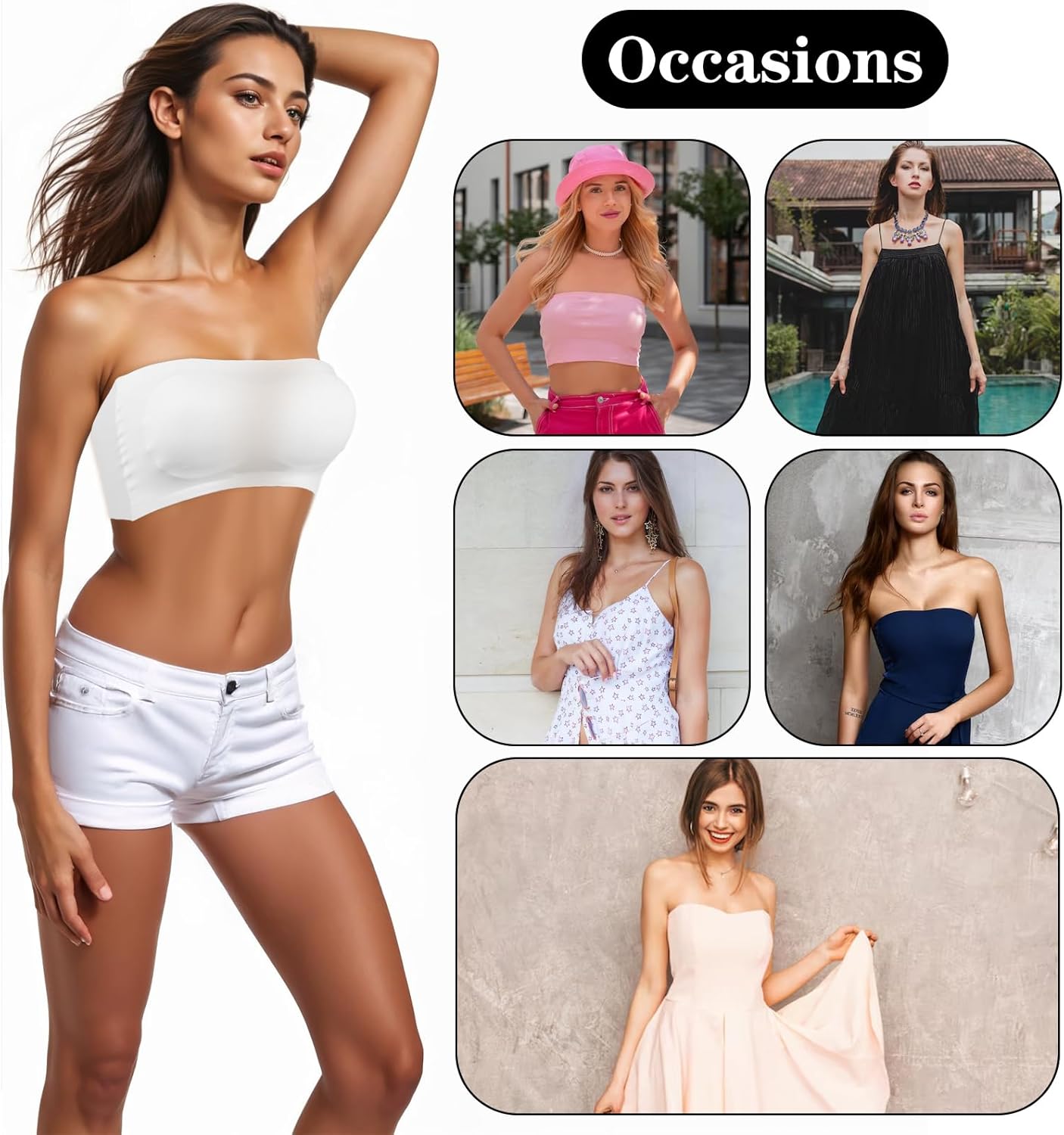 2 Pieces Women's Bandeau Tube Top Bra, Wireless Strapless Bralette Seamless Bandeau Tank Top Non-Slip Padded Bra, Black, White - Image 4
