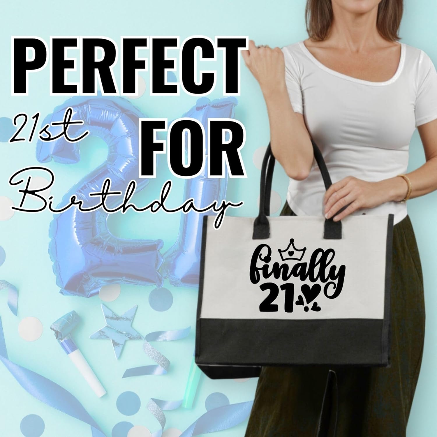 InnoBeta 21st Birtday Gifts for Women, Girls, Finally 21, Canvas Tote Bag for Daughters, Granddaughters, Friends, Bag with Top Zipper Closure and Shoulder Strap for Birthday - Image 3