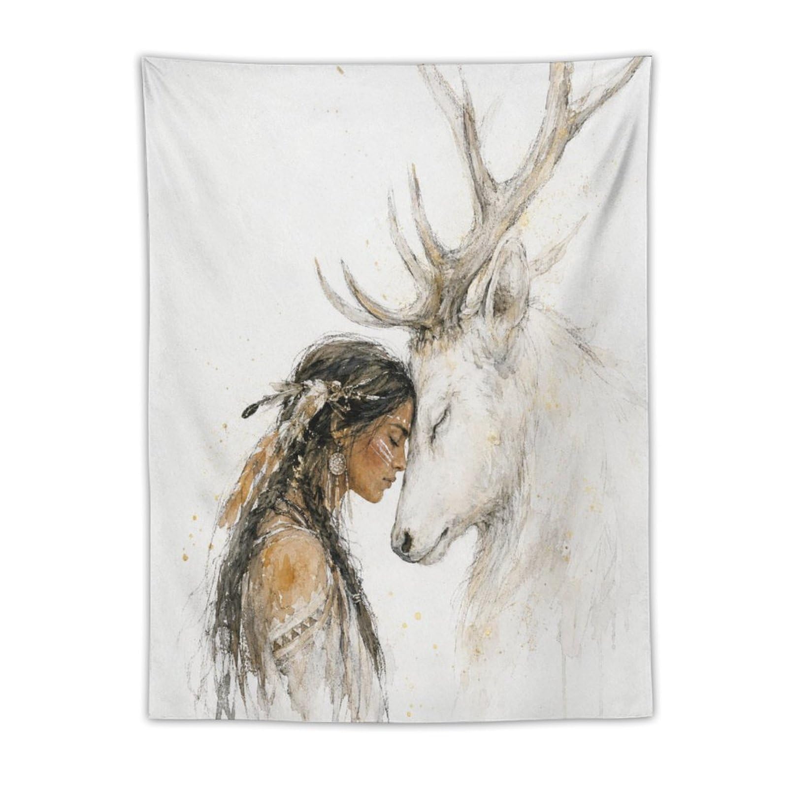 W7C8U2X3 Native Woman with White Deer Wall Tapestry, Soft Watercolor