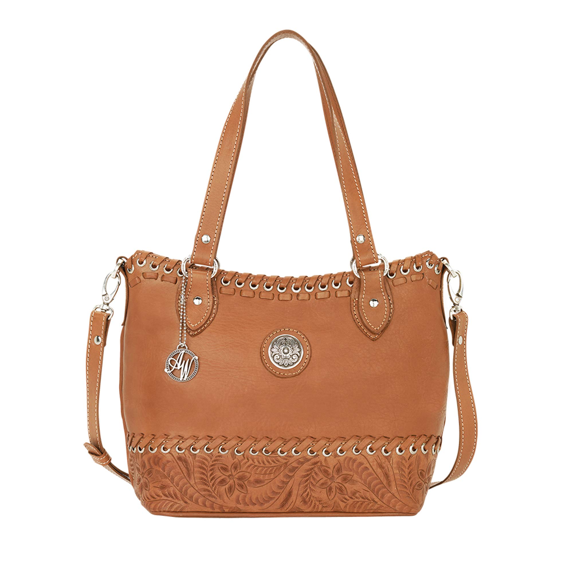 American West Hand Tooled Handcrafted 100 Genuine Leather Convertible Zip-Top Bucket Tote Purse for Women Harvest Moon Collection