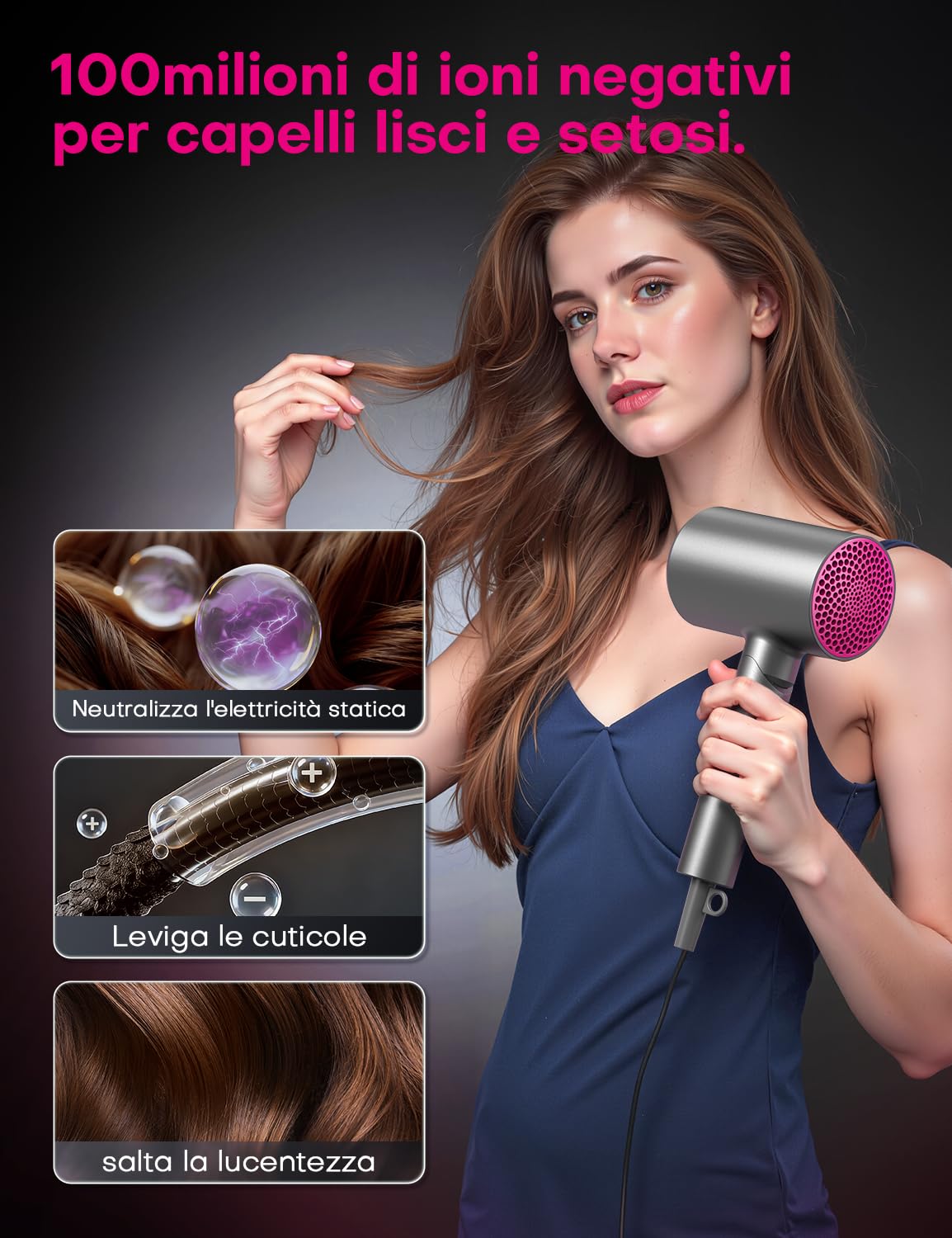 1800W Asciugacapelli Ionico Phone per Capelli Professionale Ioni AC Motore Phon Capelli con 2 Impostazioni di Calore, Tasto Aria Fredda con 1 Diffusore e 1 Concentratori per （Grigio）