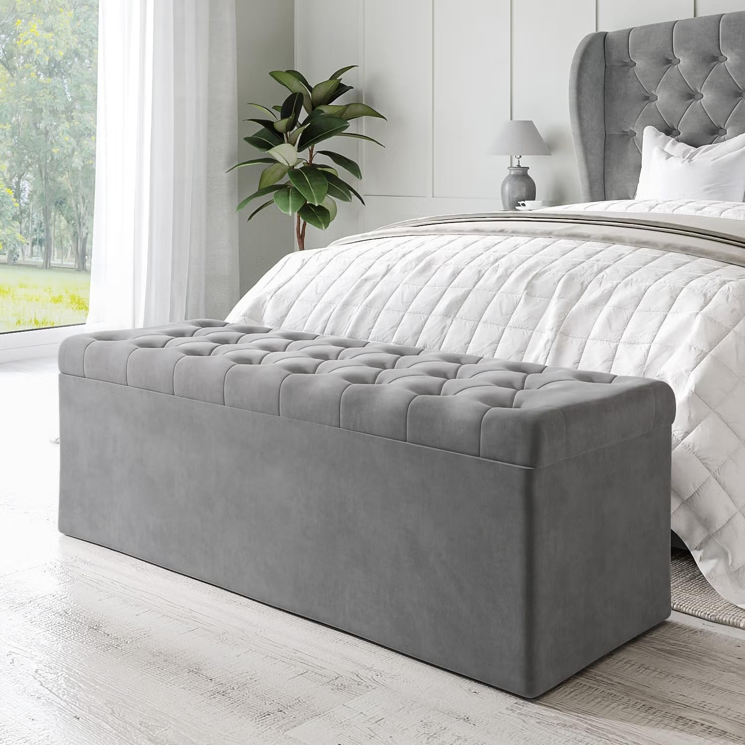 LEGACY OF COMFORT Safina Ottoman Storage Blanket Box End-of-Bed Ottoman Storage Bench in Velvet Ottoman Bench with Storage for Living Room Bedroom & Entryways (Grey)-image-10
