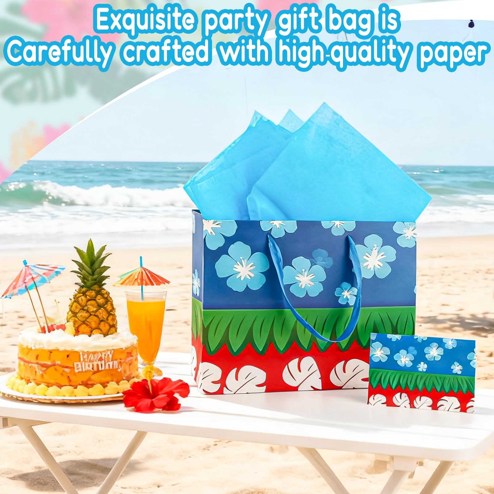 FUNCANDLE 13" Hawaiian Tropical Summer Floral Gift Bag with Greeting Card Tissue Paper, Cartoon Red Blue Treat Goodie Bags with Handle for Boys Girls Kids Friends Island Theme Candy Favor Supplies