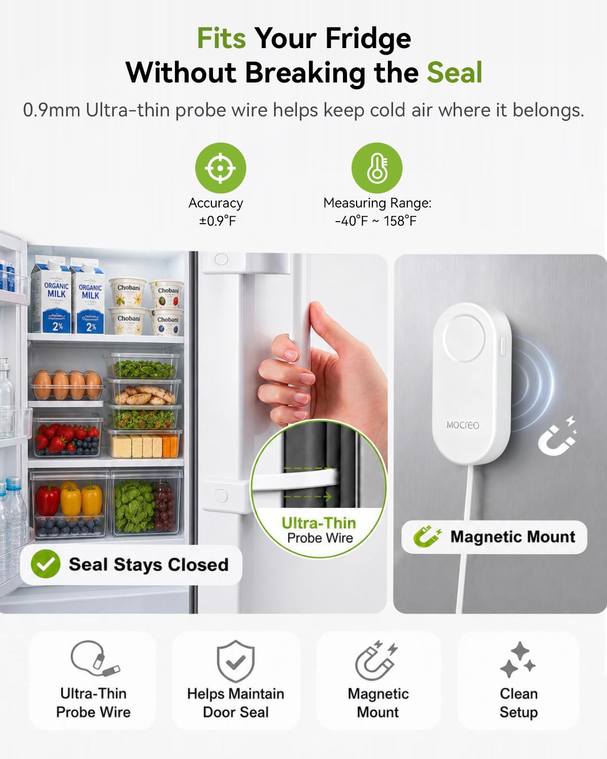 MOCREO WiFi Gefrierschrank-Thermometer-Alarm mit digitalem Monitor-Hub, App- und E-Mail-Benachrichtigungen, 2-Jahres-Datenexport, Fernbedienungstemperatursensor für Kühlschrank, Kühlschrank